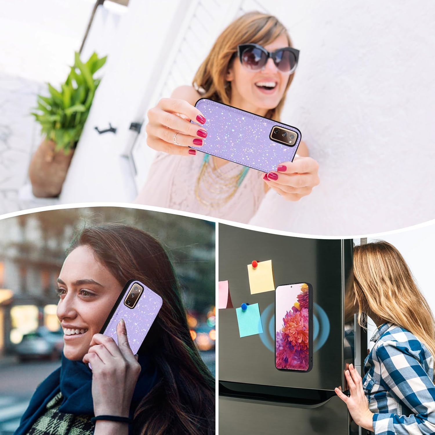 Asuwish Phone Case for Samsung Galaxy S20 FE 5G 6.5 inch Wallet Magnetic Detachable Cover with Screen Protector and Glitter Flip Cell S 20 EF UW 2022 S20FE5G S20FE 20S S2O Fan Edition 4G G5 Purple