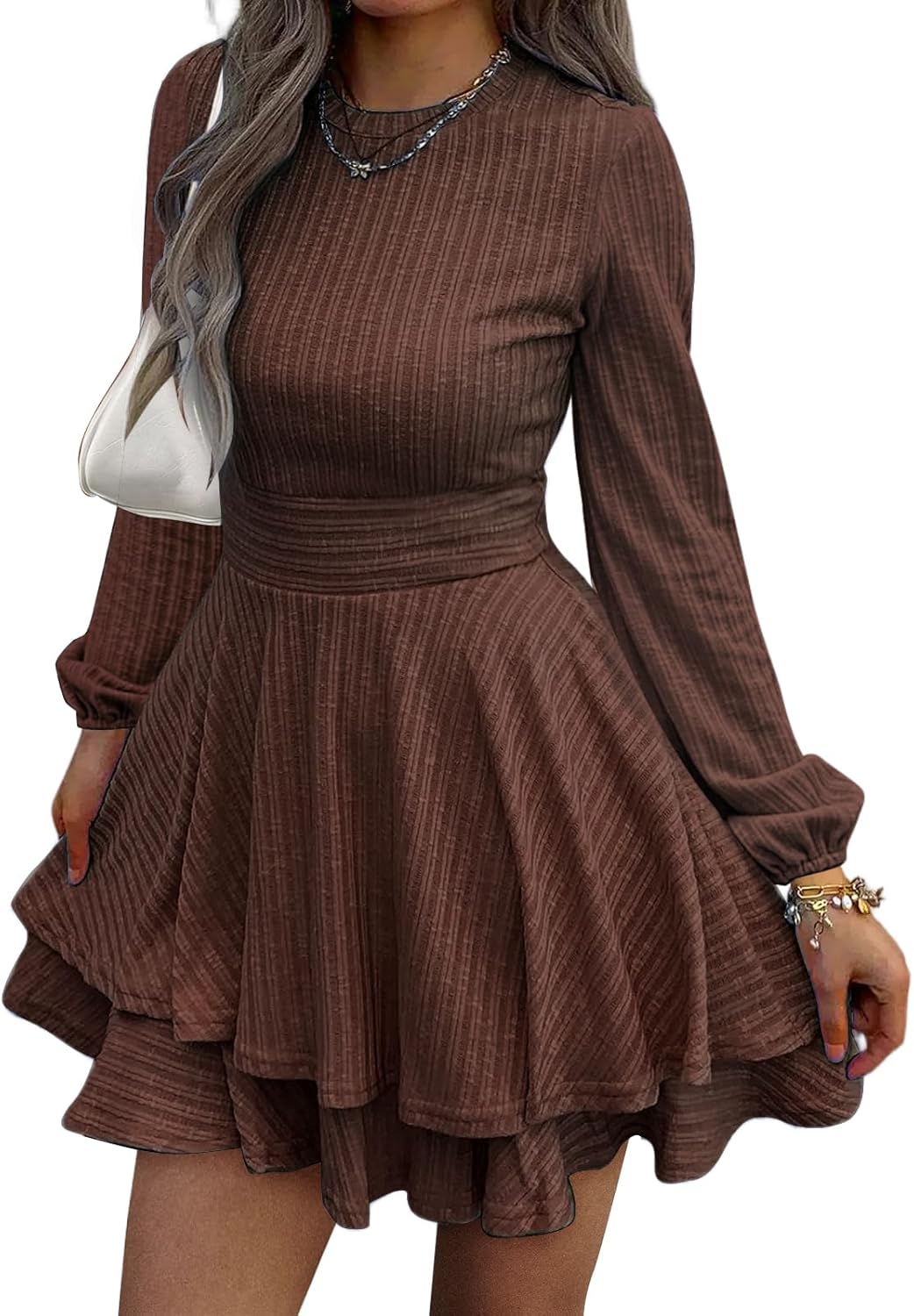 Evzeiem Womens Long Sleeve Knit Dress Casual Lantern Sleeve Crewneck Ruffle Short Flare A-Line Mini Sweater Dress