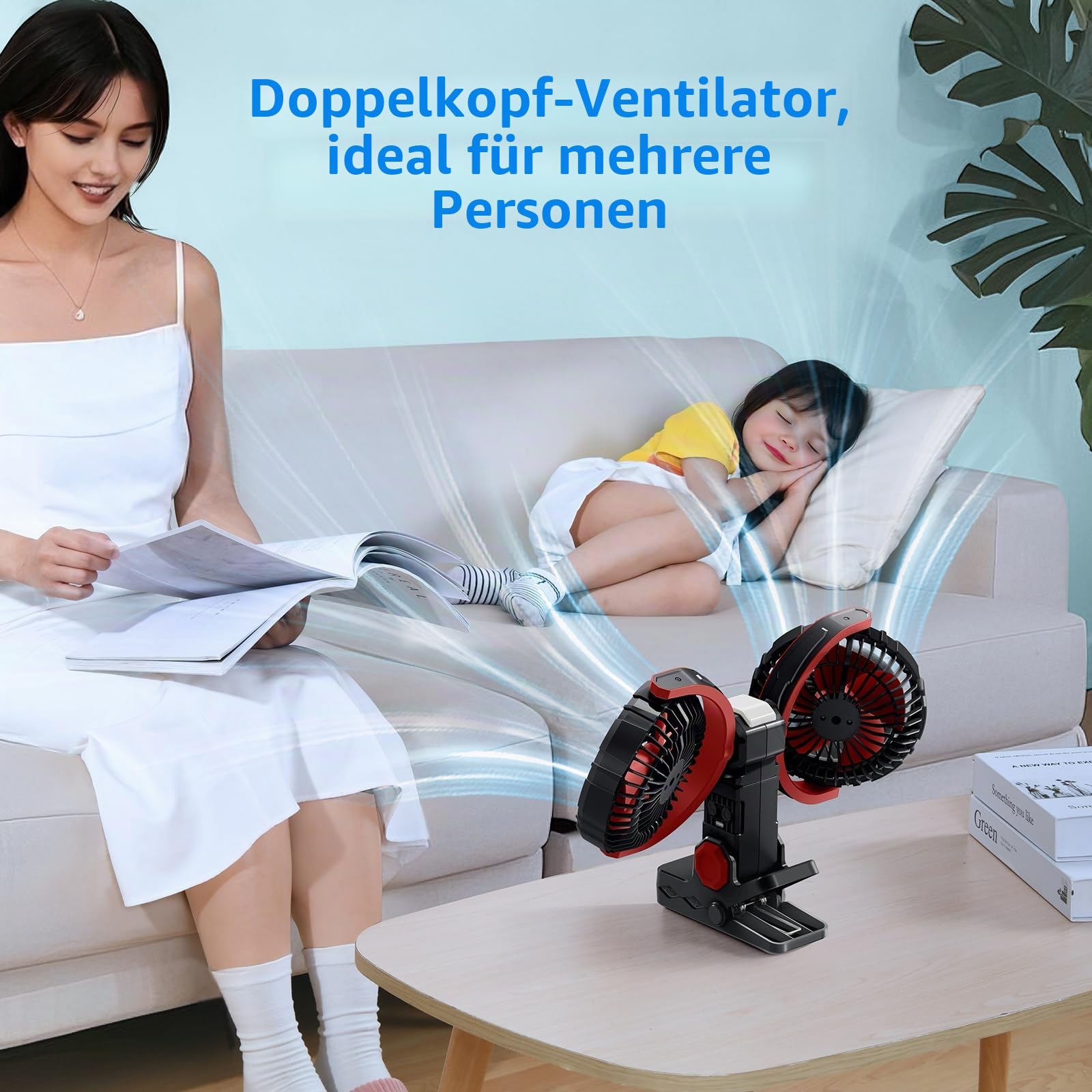 Clip Ventilator Akku mit Licht, USB C Aufladbar Leise Fan Doppelkopf Wandventilator,Stark Lufter Klemmbar für Büro, Bett,Schlafzimmer, Auto, Wohnmobil(Tiefschwarz)