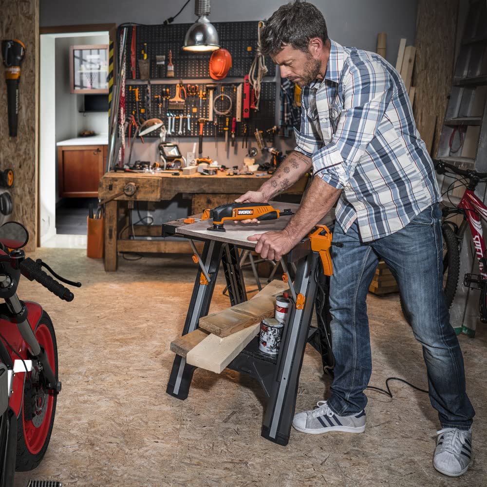 WORX WX051 Banco da lavoro mobile multifunzione, portata massima 450kg | Banco da lavoro pieghevole per officina, con morsetti rapidi, elevata stabilità e ampia superficie di lavoro