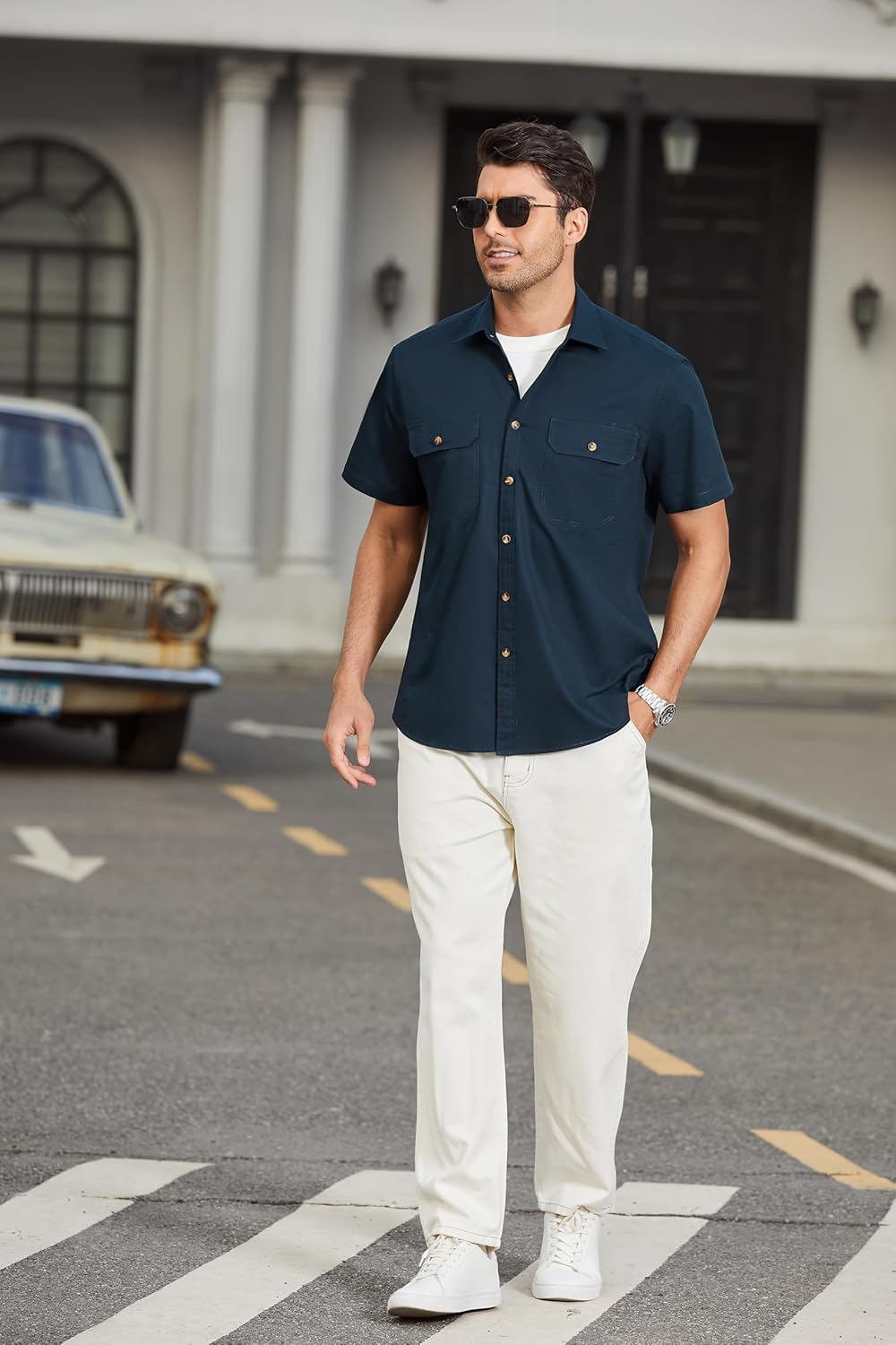 HISDERN Mens Short Sleeve Button Down Shirts Work Casual Button Up Relaxed Fit Summer Shirt with Two Pockets - Image 5