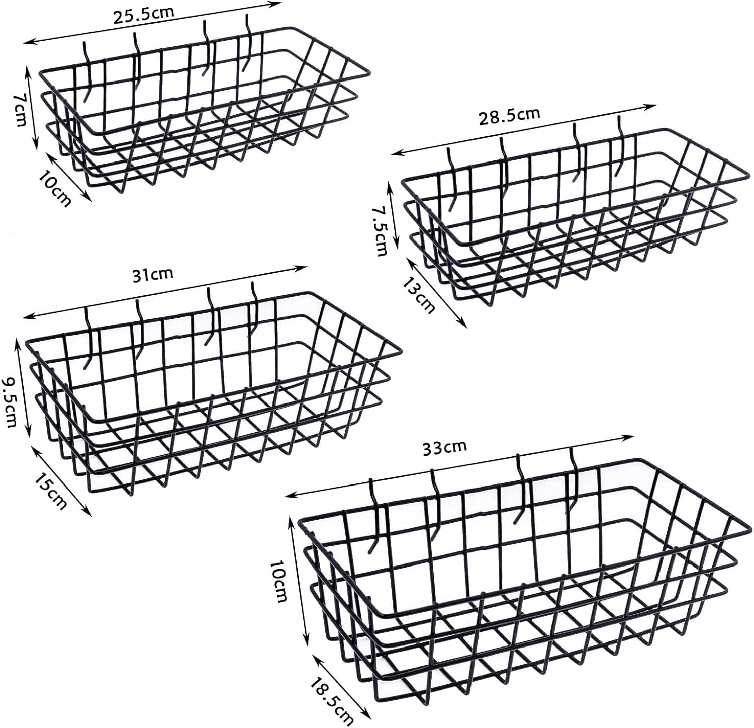 Set di 4 cestini per pannelli forati, quadrati, 4 dimensioni, in filo metallico nero, ganci per qualsiasi piano, per organizzare strumenti, banco da lavoro, accessori, accessori da parete per garage