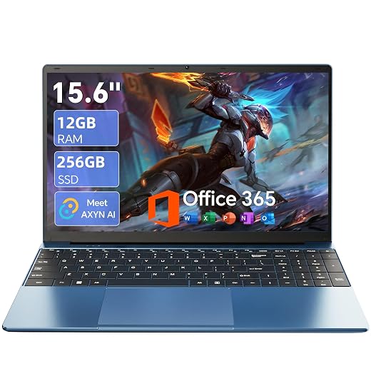 15.6 Inch Laptop with Office 365, 12GB RAM 256GB SSD, Quad-Core Processor, Win 11 Home Laptops Computer, IPS FHD, 180°Viewing, Type-C, WiFi 5, BT4.2, Portable Thin Business Student Laptops