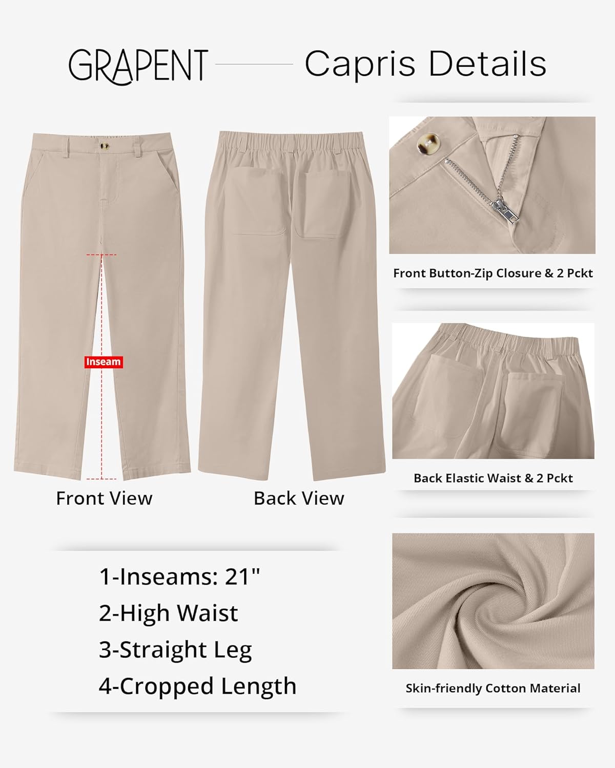 GRAPENT Capri Pants for Women Summer High Waisted Cotton Elastic Waist Dressy Casual Office Work Capris Trousers Pants - Image 4