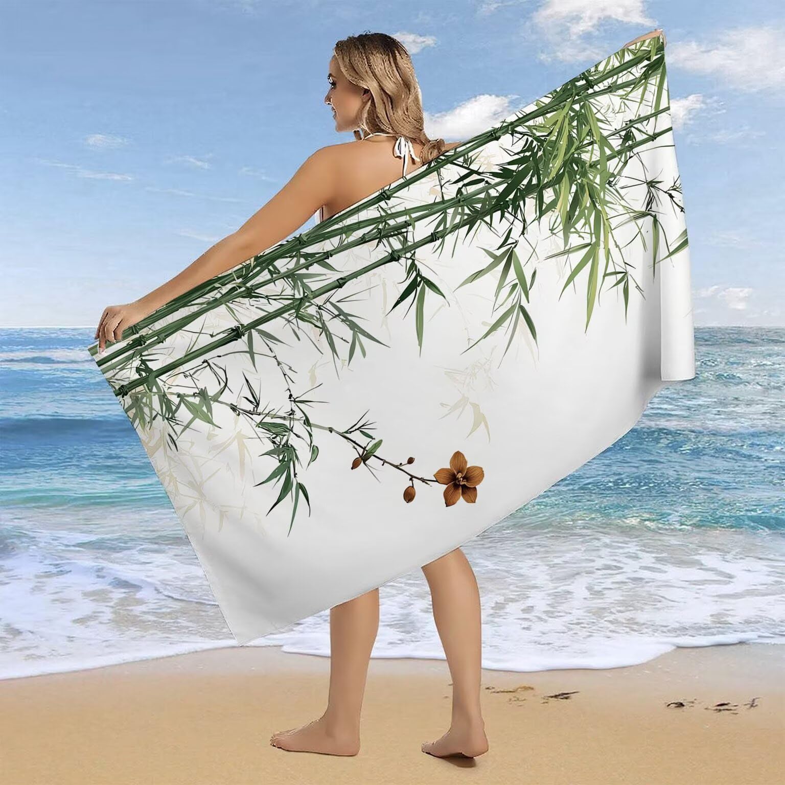Strandtuch XXL 2er Set 100 x 200 cm, Groß Schnelltrocknendes Mikrofaser Handtuch, Sandfrei Badetuch, Summer Must Haves, für Damen Herren Reise Urlaub Schwimmen Sauna, mit Tasche (Bambus) B-834