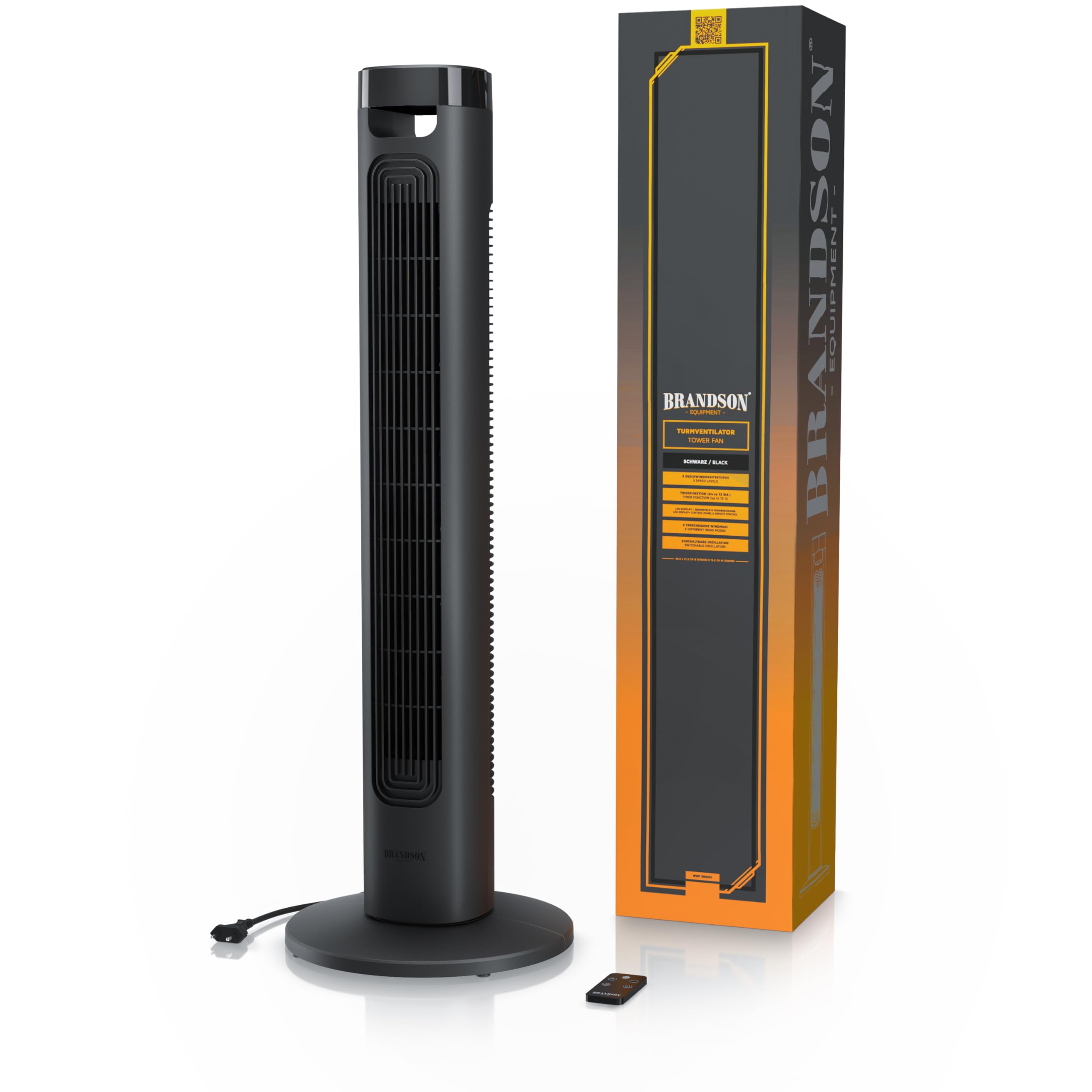 Brandson - Turmventilator mit Fernbedienung - Sieger Ventilatoren und Luftkühler 2026 - sehr leise - LED Display – 3 Geschwindigkeitsstufen 3 Modi – Oszillation - Standventilator Ventilator Kühlung