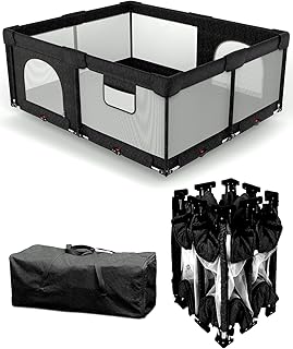 Dearlomum Foldable Baby Playpen with Non-Removable Thick Mat, Extra Large Collapsible Playard for Babies & Toddlers, Portable Baby Play Yard with Gate for Indoor Outdoor (Black 59"×71")