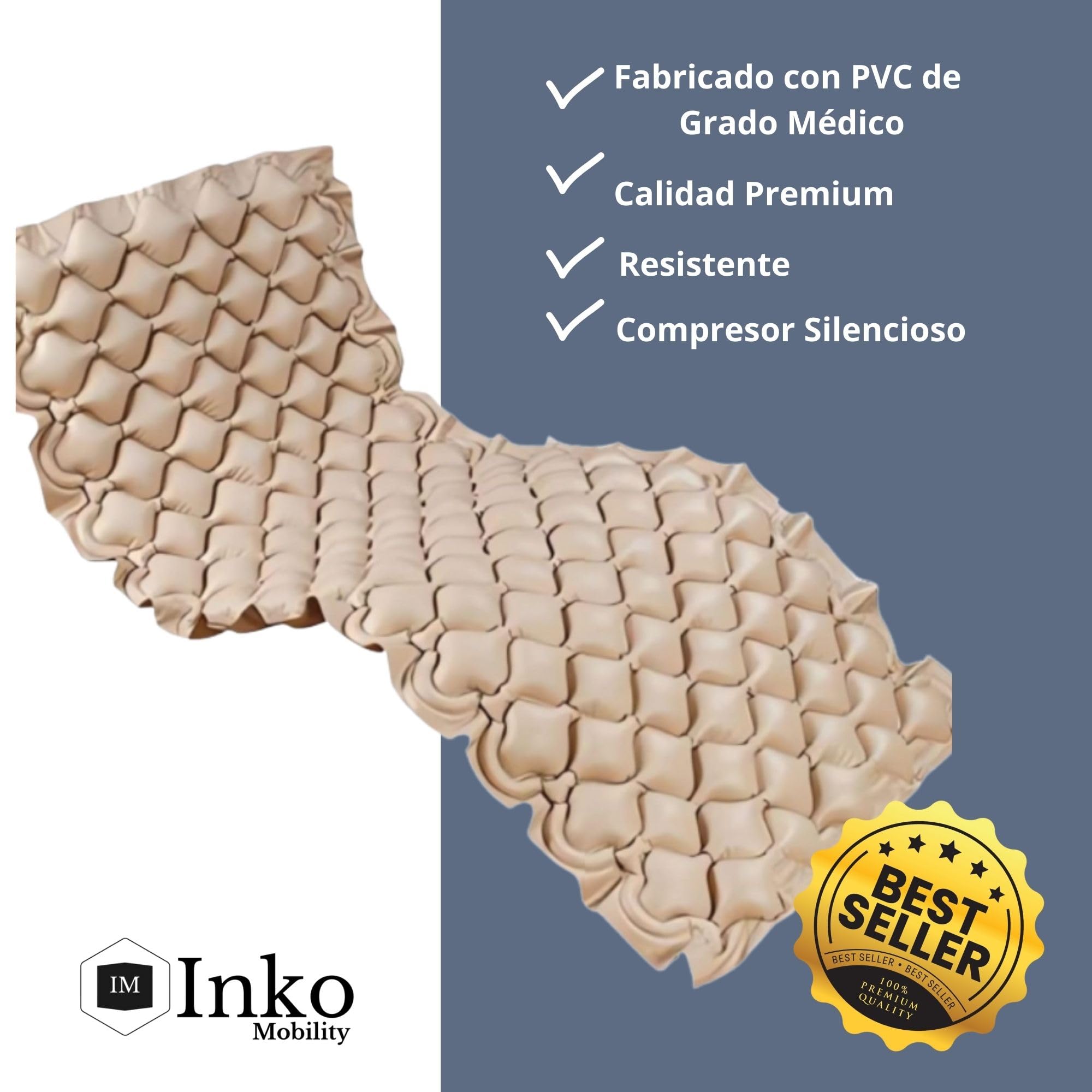 INKO Colchón antiescaras de Aire alternante, Modelo CA01, COMPRESOR SILENCIOSO,PVC médico, para escaras Grado I, Peso soportado 130kg, Medidas 200 x 90 x 7, 130 Celdas - Marca española