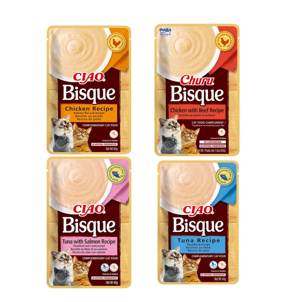 Bisque Gato Mezclas | Alimento Húmedo para Gatos 12x40Gr | Sabores Variados | (12X40Gr, 3X Pollo 3X Pollo y Buey 3X Atún 3X Atún y Salmón)