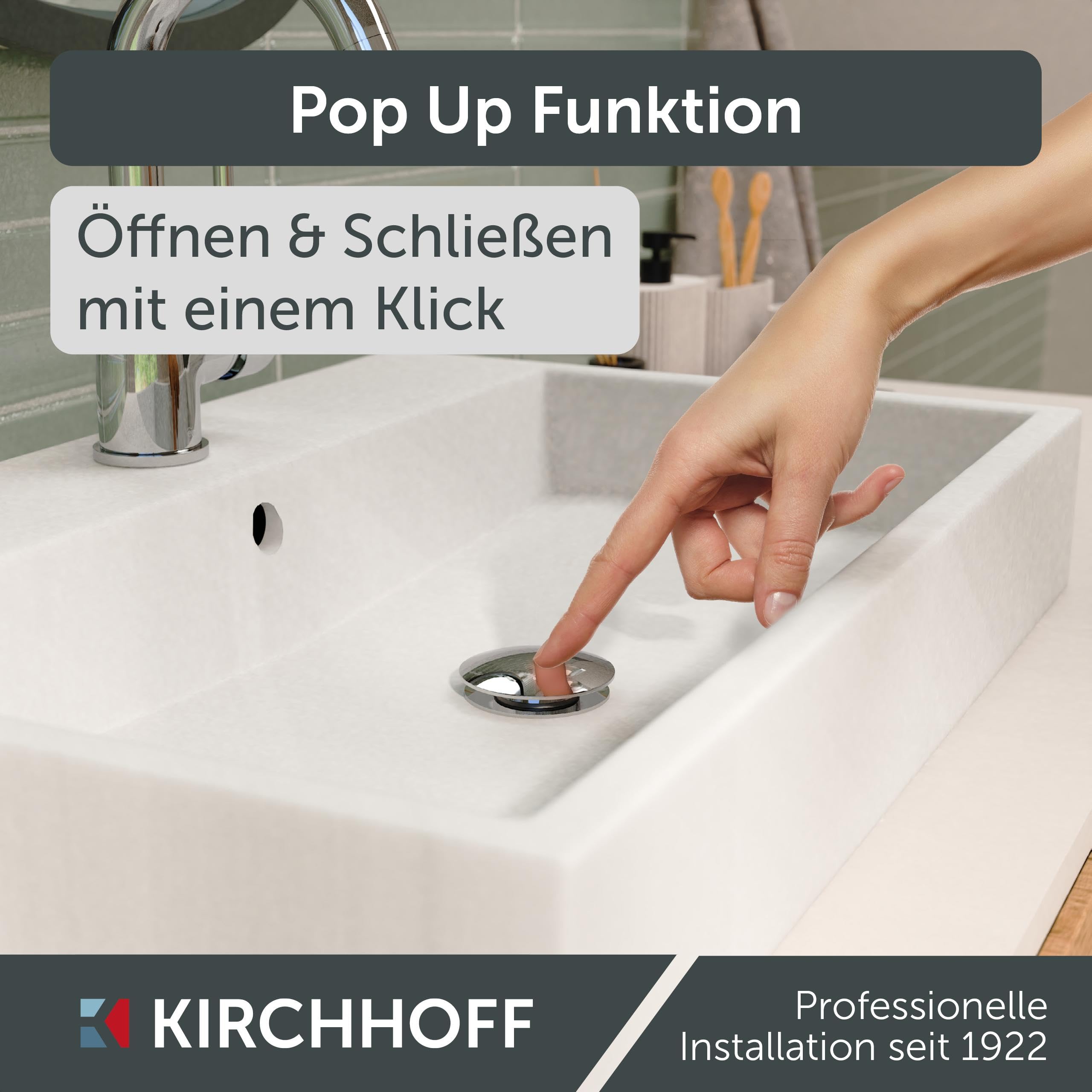 KIRCHHOFF Design Universal Waschbecken Ablaufgarnitur, Pop Up Waschbeckenstöpsel, Ablaufventil mit Überlauf, Abfluss Stöpsel für Badezimmer Waschbecken & Waschtisch, Chrom 98807330 | Pop Up Waschbeckenstöpsel, Ablaufventil mit Überlauf, Abfluss Stöpsel fü