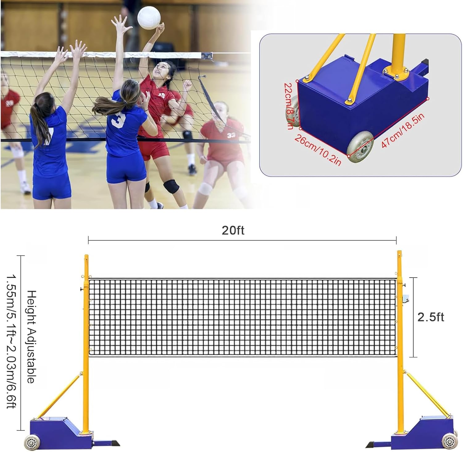 Volleyball/Badminton Pole & Nets Package for Backyard, Adjustable Height 5.1-6.6FT Volleyball Poles with Stable Base,Portable Indoor or Outdoor Heavy Duty Badminton Pole