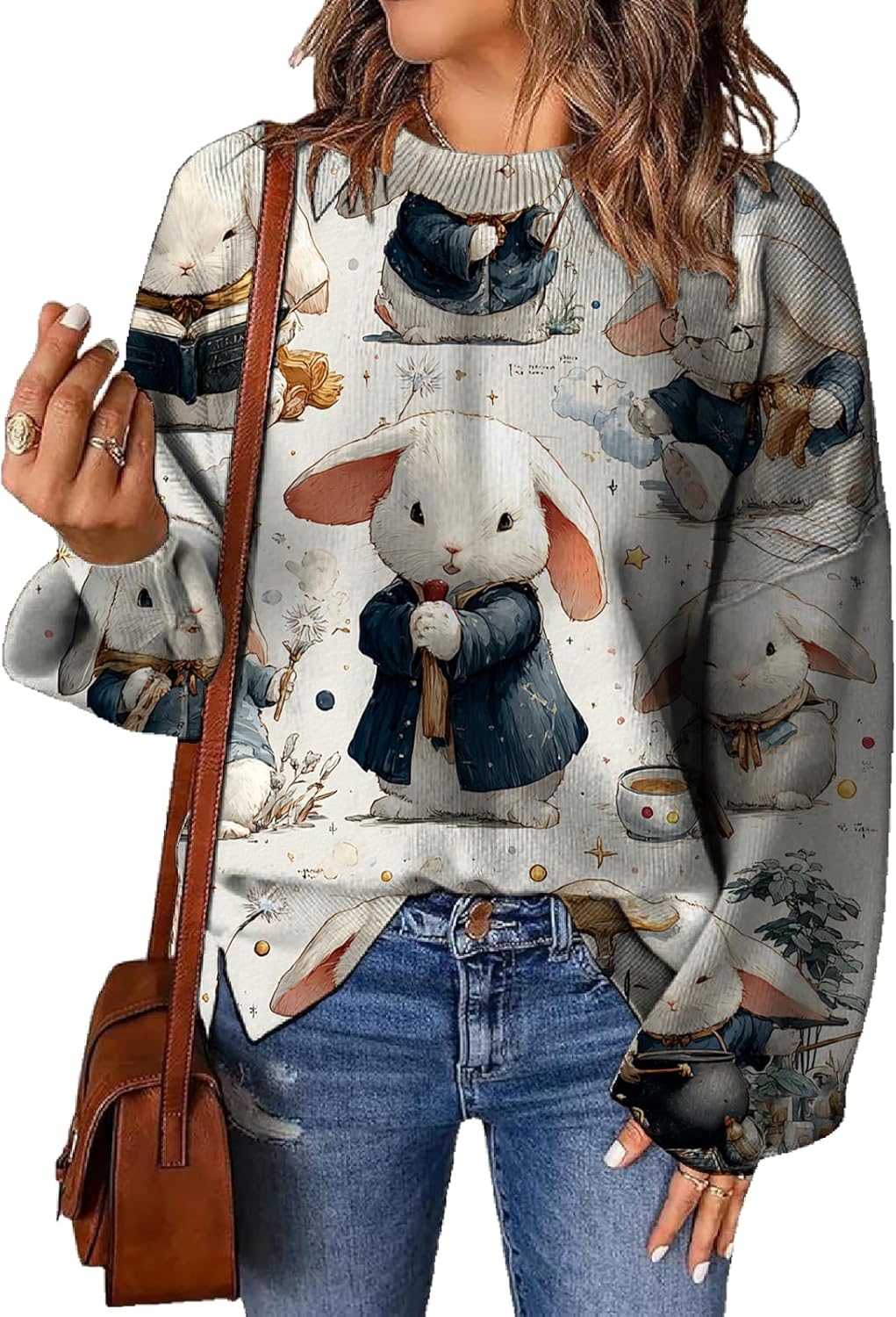 Cute Graphic Sweater for Women Soft Knitted Long Sleeve Casual Fall Tops Crewneck Oversized All Over Print Pullover
