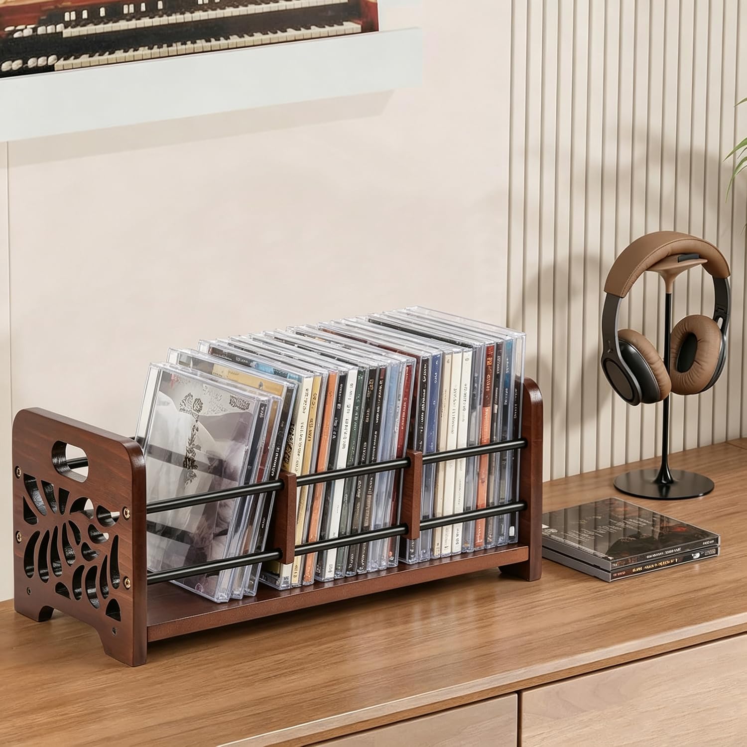 CD Ständer Holz CD Regal Aufbewahrung, CD/DVD Aufbewahrungbox | Skelett Blume CD Halter und DVD Organizer mit Griffen auch für Bücher,Karten,Postkarten 37x17.5x16cm