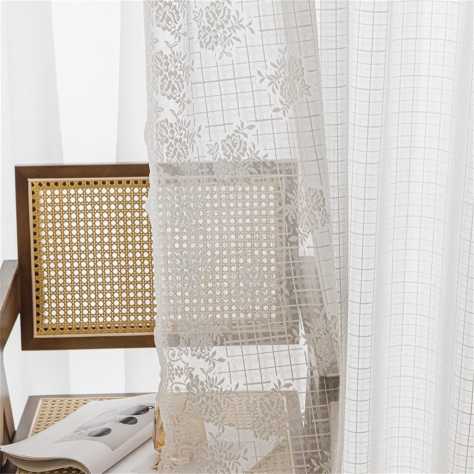 Translúcida Cortinas Visillo con Ollaos, Cheque de Encaje Blanco Cortina de Voile con Bordadas,1Piezas, de la luz Solar Mientras Protege Algo de privacidad para salón Habitacion 1x220x270CM