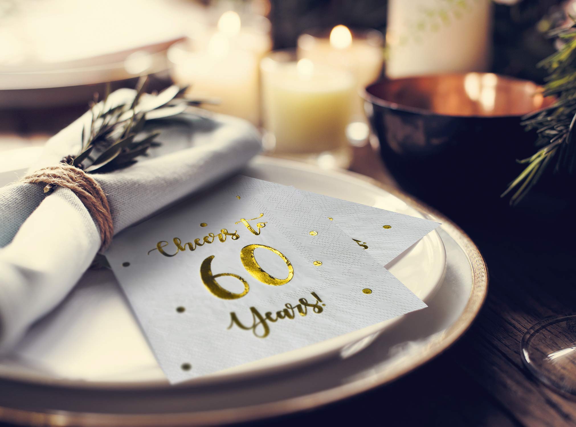 Crisky Papierservietten Happy 60th Birthday – 50 Stück Mit Roségoldfolie | 3-lagig, Festlich