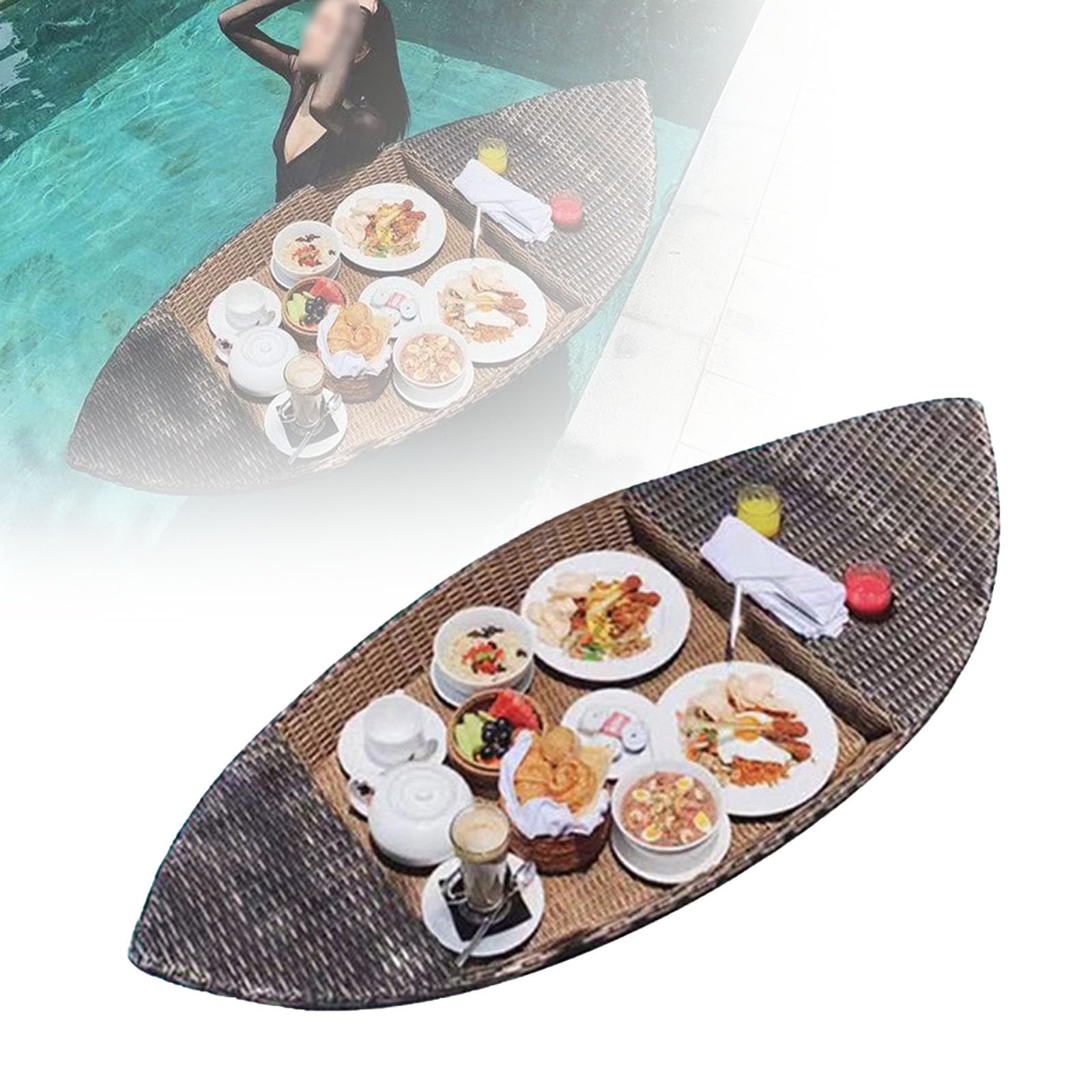 Vassoio Galleggiante in Rattan Con Manico - Struttura in Lega Di Alluminio E Anima in Schiuma Galleggiante | Elegante Tavolino Da Biliardo Per Beach Bar, Spa, Bagni E Feste, 120x60x40 Cm,A
