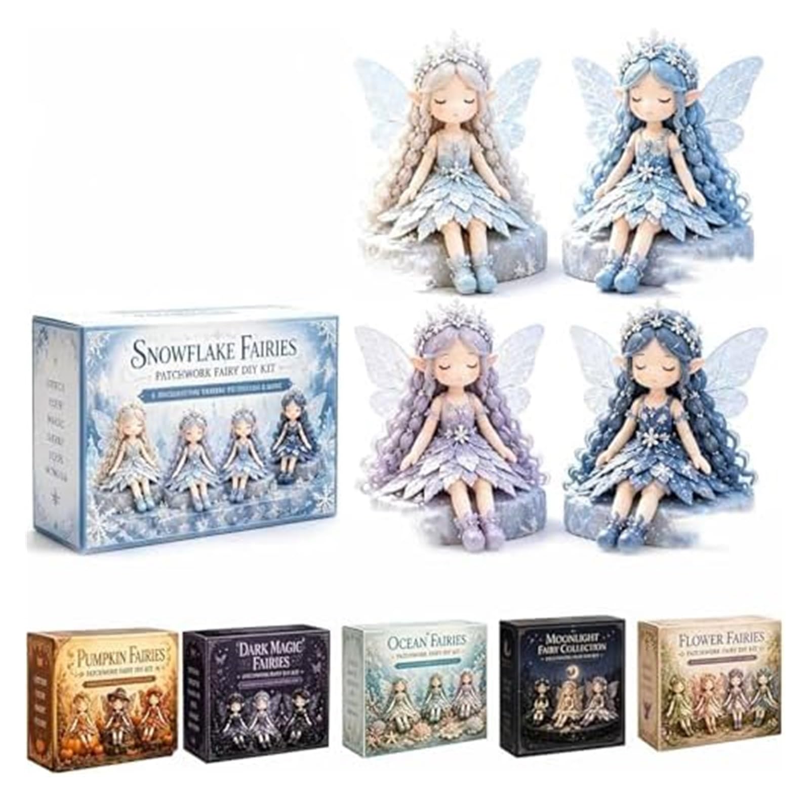 Fairy Patchwork DIY Craft Collection, Fun Floral Fairy Sewing Kit, Make 4 Winged Elf Fabric Dolls, Complete Fabric Supplies DIY Craft Set for Beginner Crafters, Unique Handmade Home Decor & Gift(E)