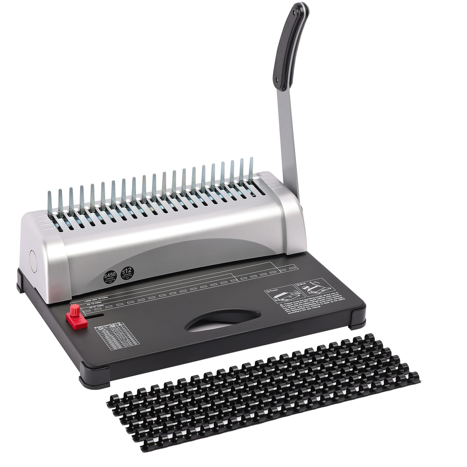 Rilegatrice a Pettine 21 Fori per Rilegatura Fogli A4/A5 | Capacità 450 Fogli, Perforazione fino a 12 Fogli, con 100 Dorsi da 10 mm, Rilegatrice Spirale per Ufficio Scuola Casa