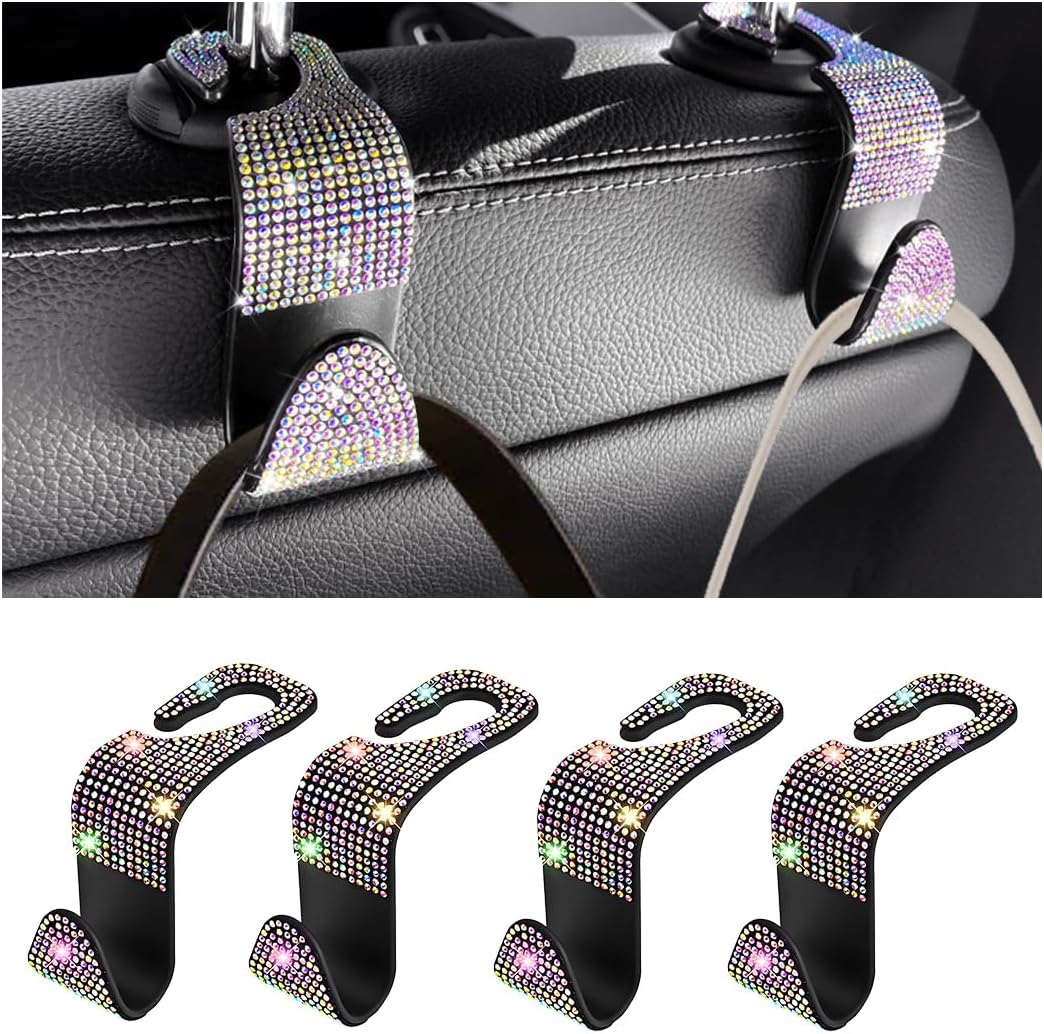 Bling Car Seat Headrest Hooks, 4PCS Crystal Rhinestone Vehicle Back Seat Hanger Holder for Handbags Purses Coats, Automotive Headrest Storage Organizer, Universal for RV SUV Truck (Multicolor)