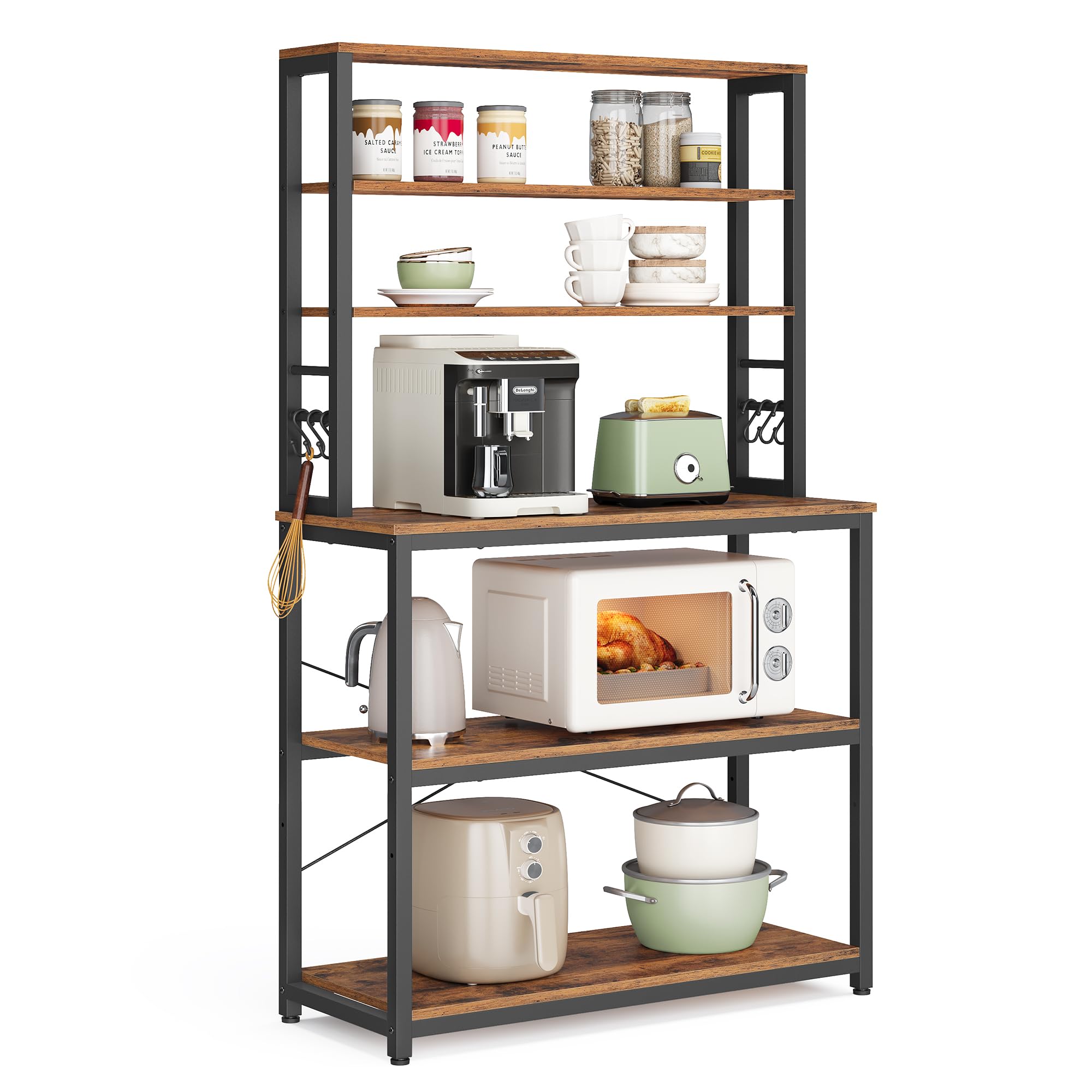 VASAGLE Coffee Bar, 31.5 Inches Baker's Rack for Kitchen with Storage, 6-Tier Kitchen Shelves with 6 Hooks, Microwave Stand, Industrial, Rustic Brown and Ink Black UKKS019B01