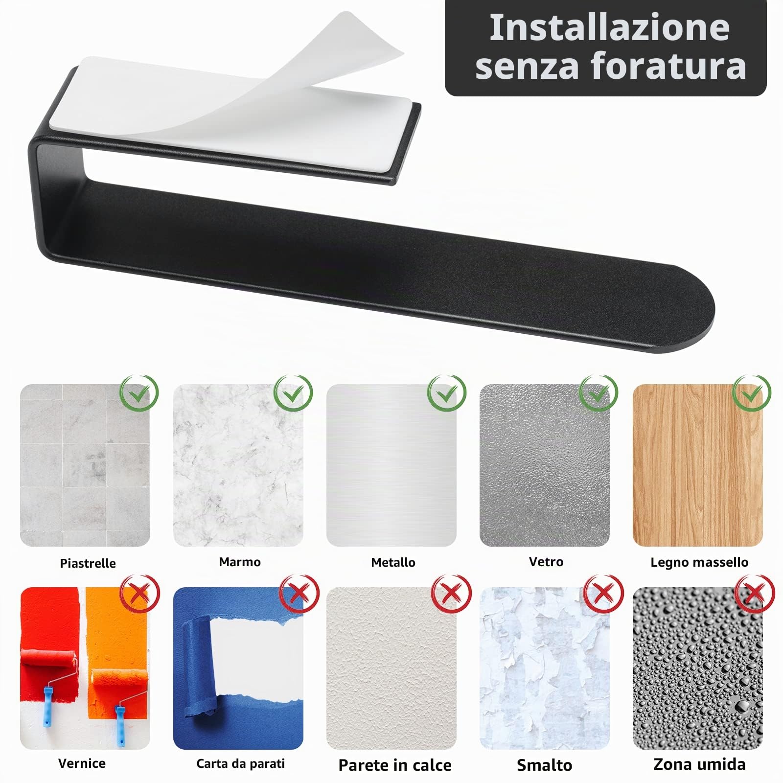 BillyBath Portasciugamani Bagno Nero senza foratura, strofinacci, porta asciugamani ospiti, porta asciugamani da bagno, supporto autoadesivo per cucina e bagno (20 cm)
