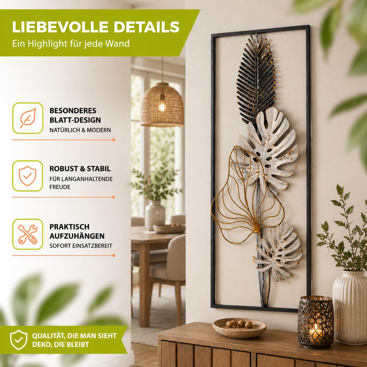 Kobolo Wandbild Monstera, 29x74x3 cm, Metall, schwarz-gold-weiß, modernes Metallbild, stilvolle Wanddeko für Wohnzimmer, Esszimmer Flur & Schlafzimmer