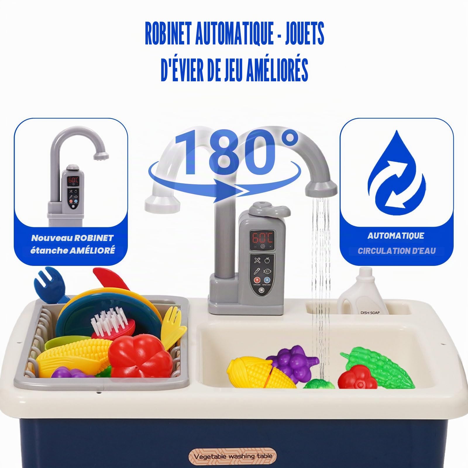 Ensemble évier de Cuisine Jouets avec Robinet Amélioré, Système de Recyclage de l'eau, Lavabo Enfant, Cuisine Exterieur Enfants, Jeu de Rôle pour Garçons Filles de 3 4 5 6 7 Ans(Bleu)