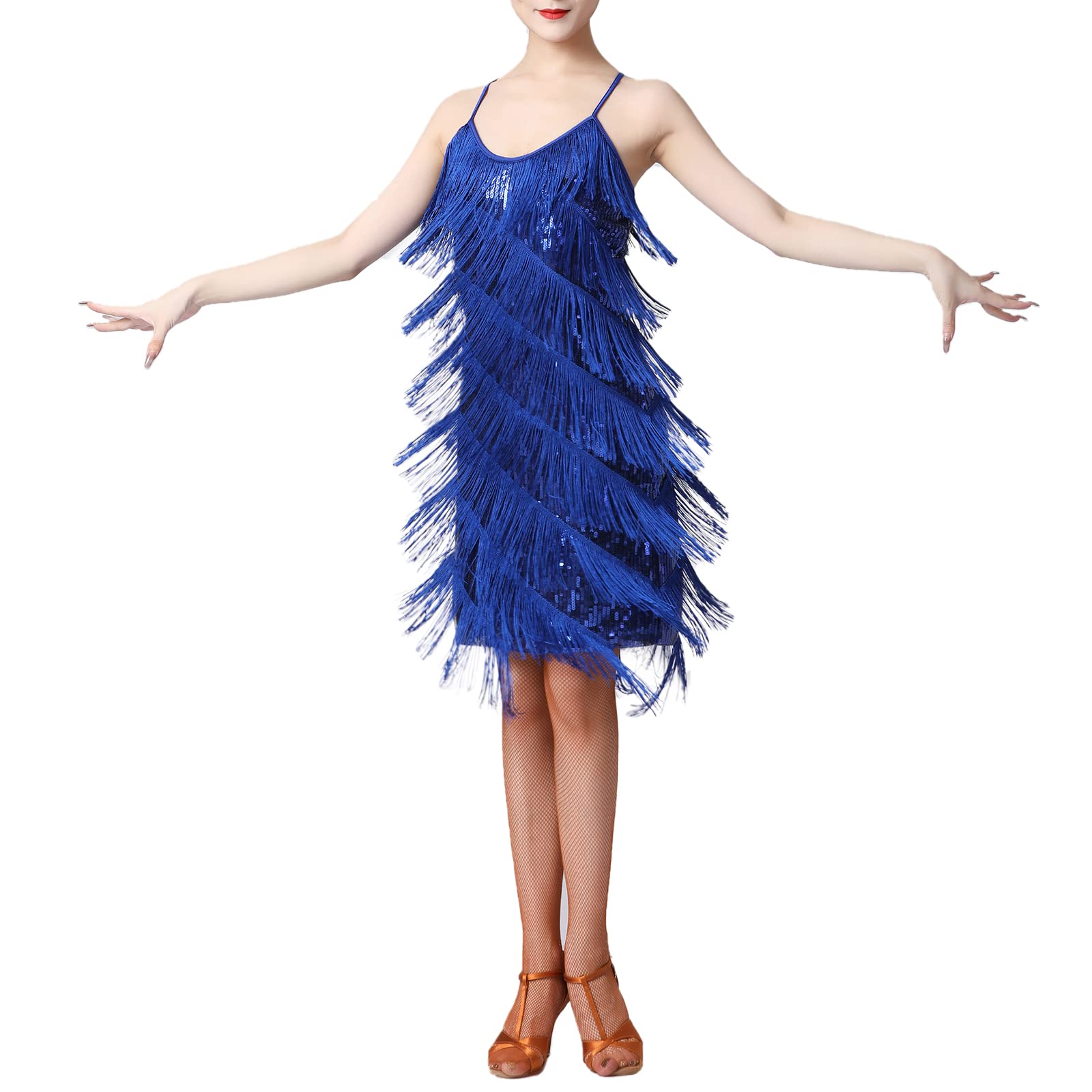 Women's 1920s Tassels Straps Dress Gatsby Cocktail Party Fringed Costume Flapper Dresses Sequins Tassel Sway Dance Cocktail Dress Rumba Latin Ballroom Salsa Cha Cha Dress Royal Blue Small