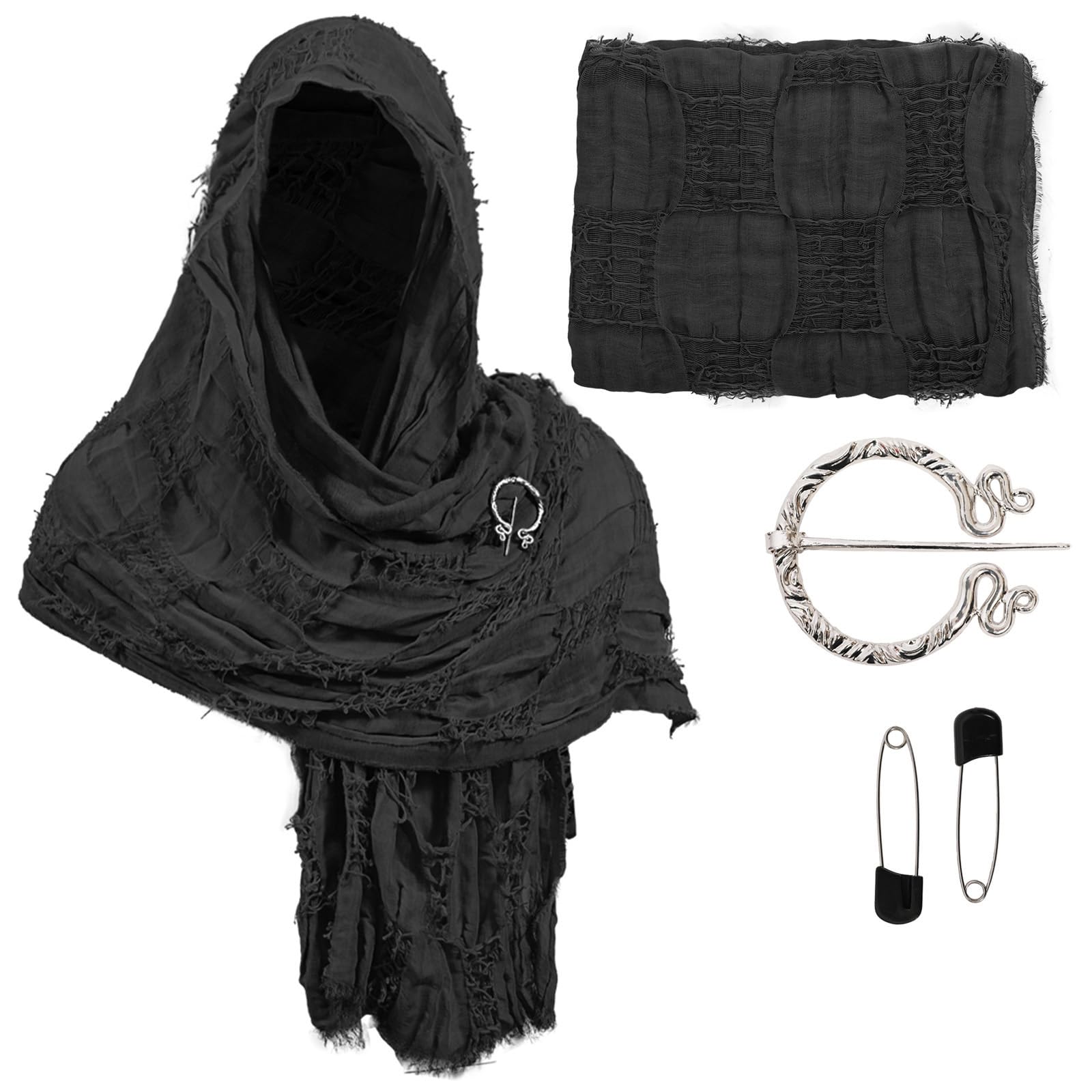 MHADBKH Post Apocalyptic Scarf Wrap Distressed Shawl with Brooch Pin Medieval Cosplay Headwear Historical Costume Accessories Medieval Cloak