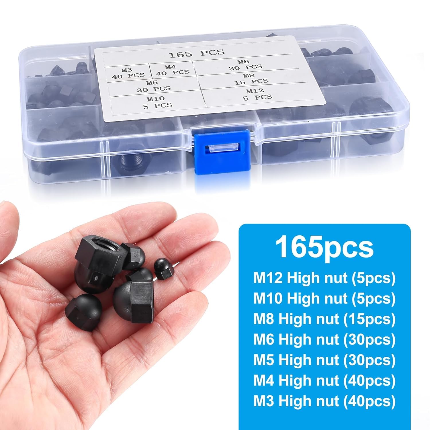165 Pezzi Dado Cieco a Calotta Set, Dadi Ciechi, M3/M4/M5/M6/M8/M10/M12 Dadi a Cupola Esagonali per Viti, Dado Testa Chiusa nylon a Cupola Copri Bulloni