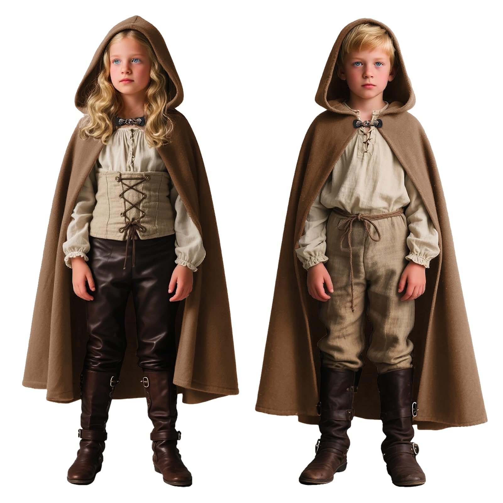 CNVAUIE Medieval Cape Men's Hooded Cloak Renaissance Hooded Coat Witch Coat Halloween Costumes Hooded Cloak (Coffee, 140-160(9Y-13Y))