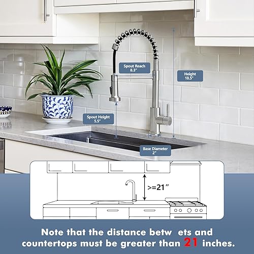 Miniatura 2 de GIMILI Grifo de cocina con rociador desplegable de arco alto, de resorte, de una manija, para fregadero, de níquel cepillado, moderno de acero