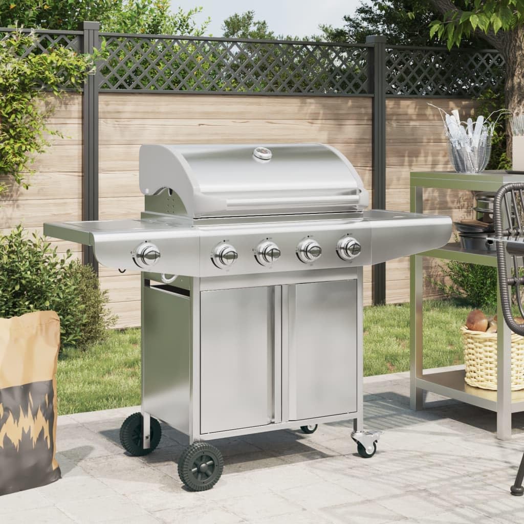 Grill gazowy z 5 płomieniami, ze stali nierdzewnej, srebrny, powierzchnia grillowania: 63 x 40 cm, moc 16 kW, z zapłonem piezoelektrycznym i wbudowanym termometrem, do ogrodu, na balkon