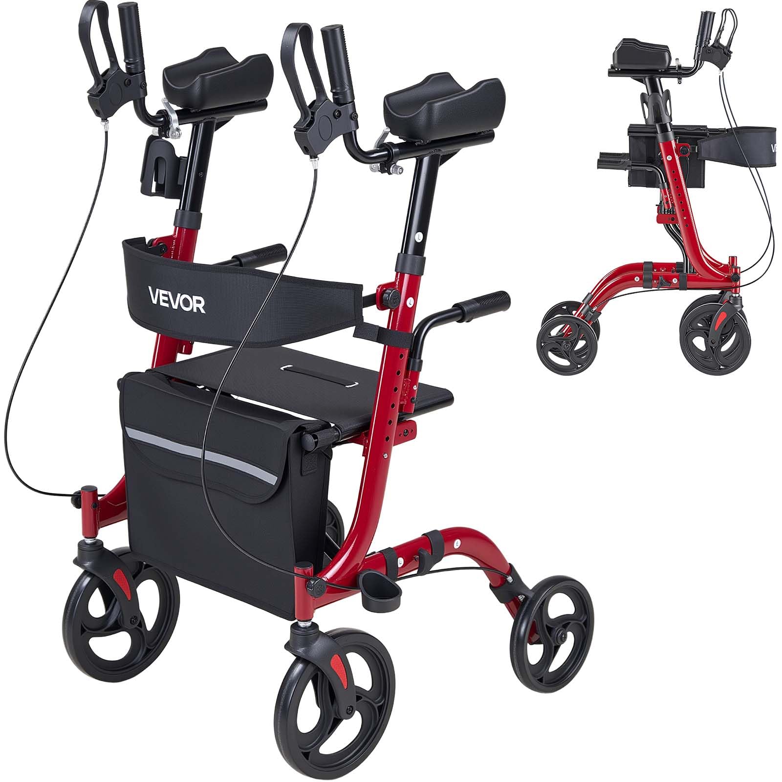 VEVOR Deambulatore con Sedile Carico Massimo da 136 kg per Disabili, Ausilio Pieghevole in Alluminio, con Ruote in PVC Maniglia Regolabile Borsa Portaoggetti e Porta Bastone, per Sostegno Camminata