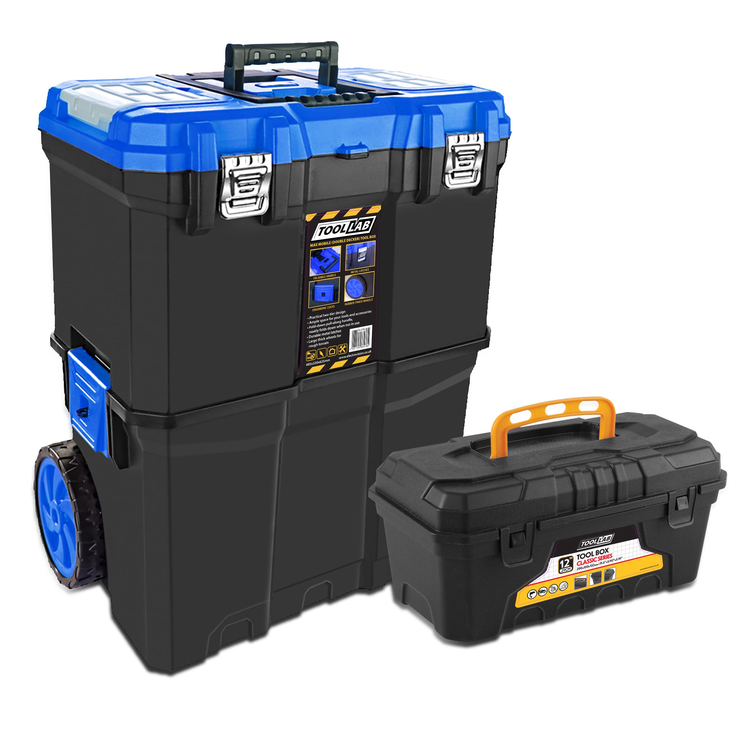 Tool Lab Mobile Rolling Tool Box Kit - 2-Tier Stacking with Pull-Along Handle, Metal Latches, Rugged Wheels, and 12" Tool Box For Workshop, Home and Work - Durable and Portable Storage Solution Blue