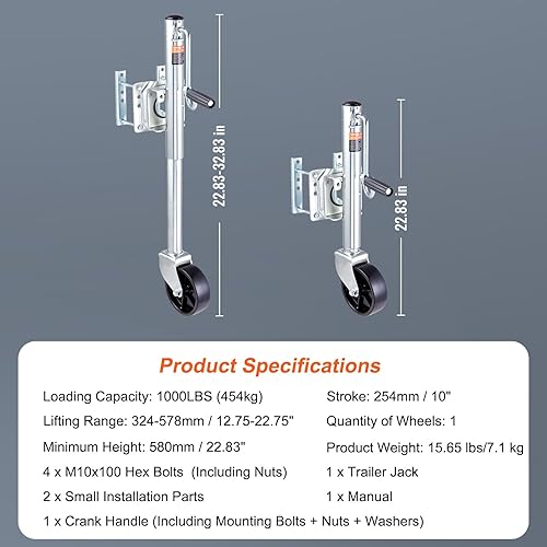 Miniatura 7 de VEVOR Gato de remolque de 1000 libras con rueda, gato giratorio de remolque de barco resistente, elevación de 10 pulgadas, gato de lengüeta de
