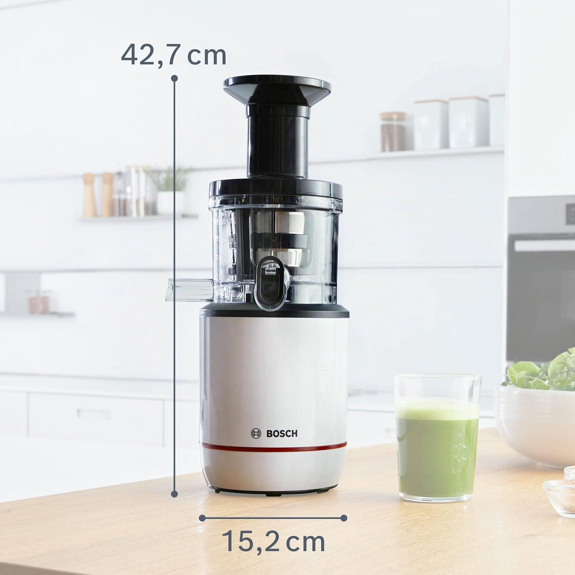 Bosch Entsafter SlowJuicer, vitaminschonendes Entsaften, Kaltpresse, sehr leise, leichte Reinigung, 2 Filter, für hartes Obst und Gemüse, BPA-frei, 150 W, weiß, VitaExtract MESM500W