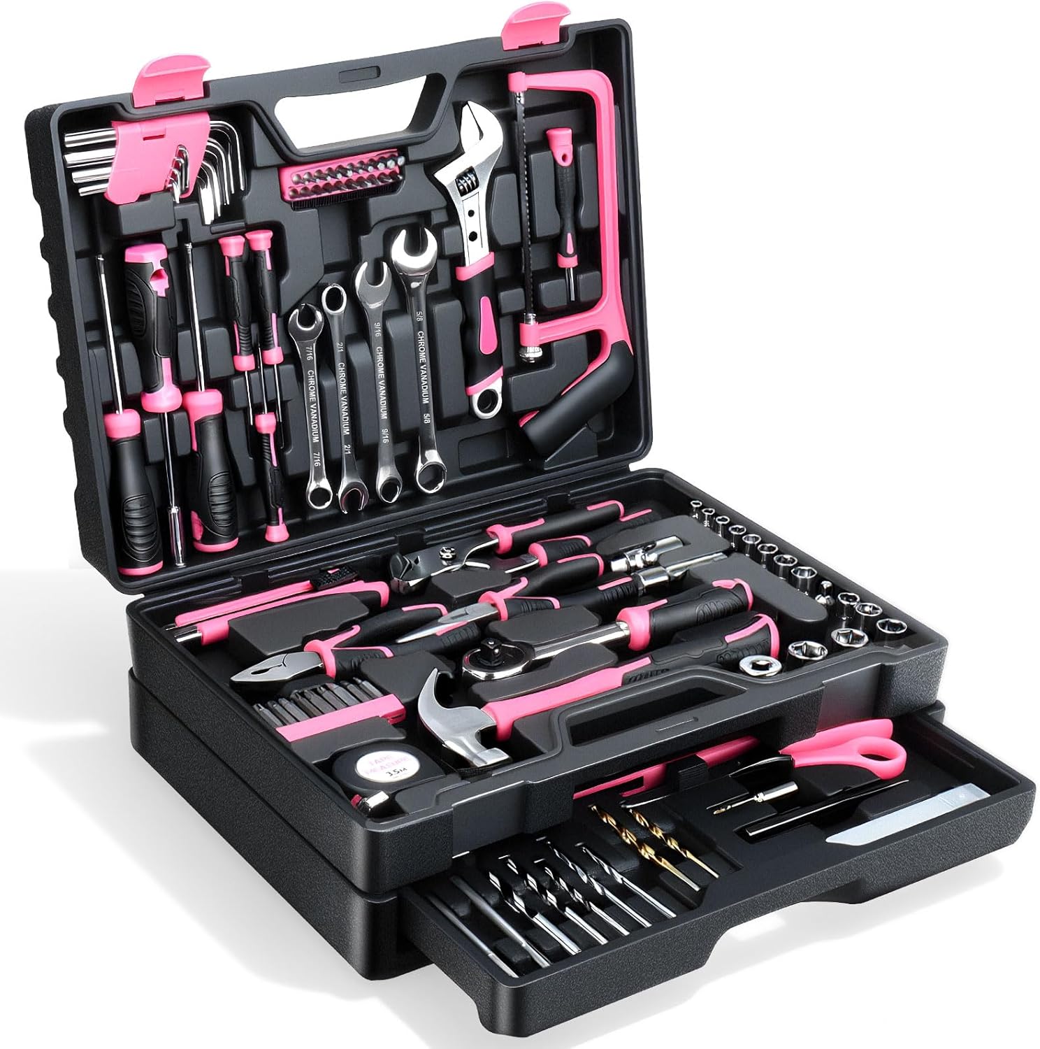 Tool Set- 412 Piece Home Repair/Auto Tool Kit, Storage Organizer with Drawers, Toolbox Storage Case for Women & Men, Perfect for Homeowner, Diyer, Handyman, DIY Pink