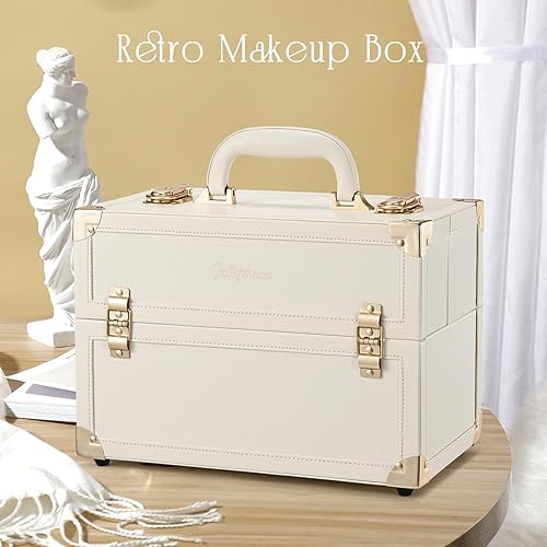 Miniatura 9 de Joligrace Estuche de tren de maquillaje, grande, portátil, organizador de maquillaje cosmético, con cerradura, con 4 compartimentos para bandejas,