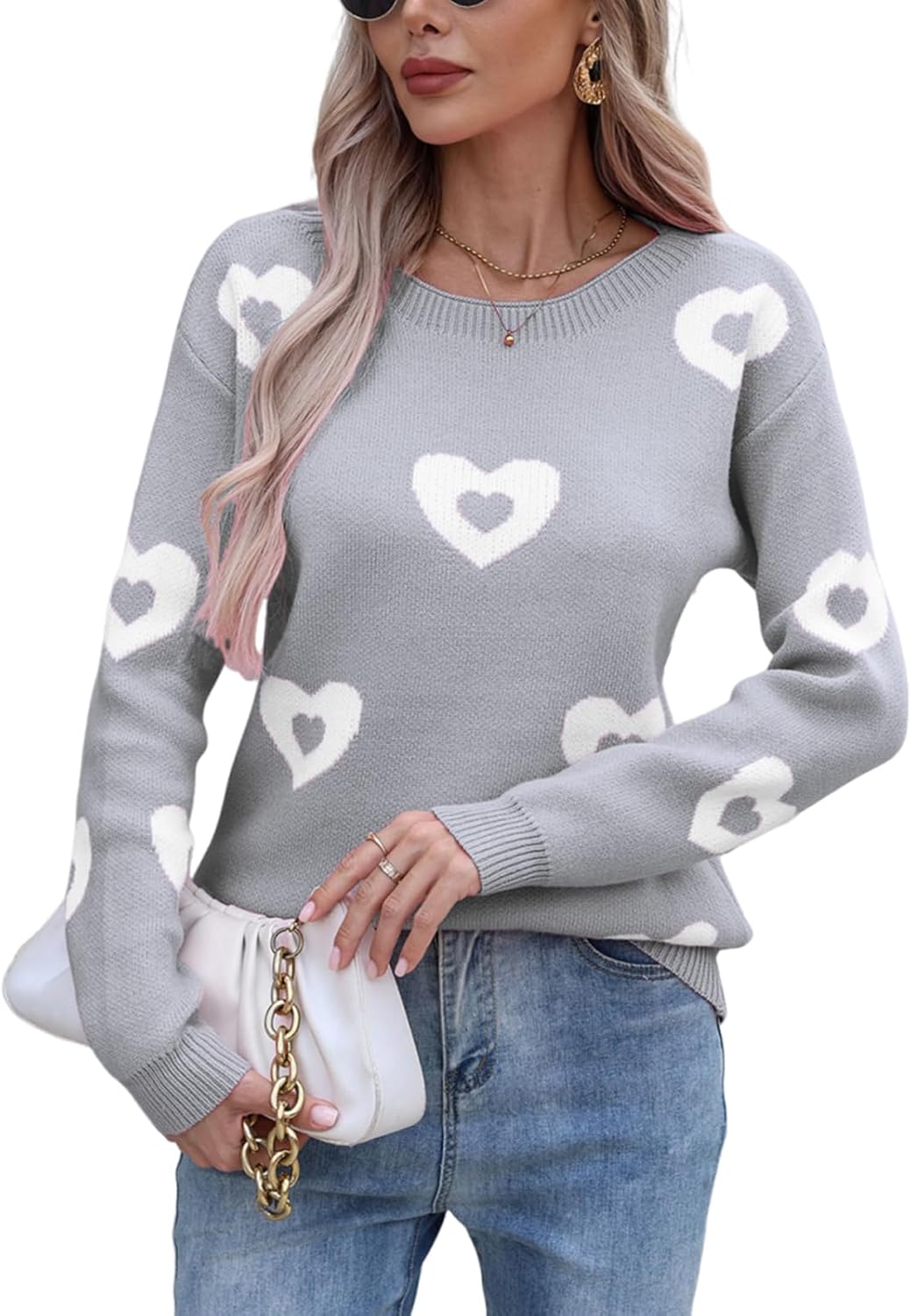 Allifewithu Womens Boat Neck Pullover Sweaters Fall Winter Long Sleeve Cute Heart Valentine Sweater