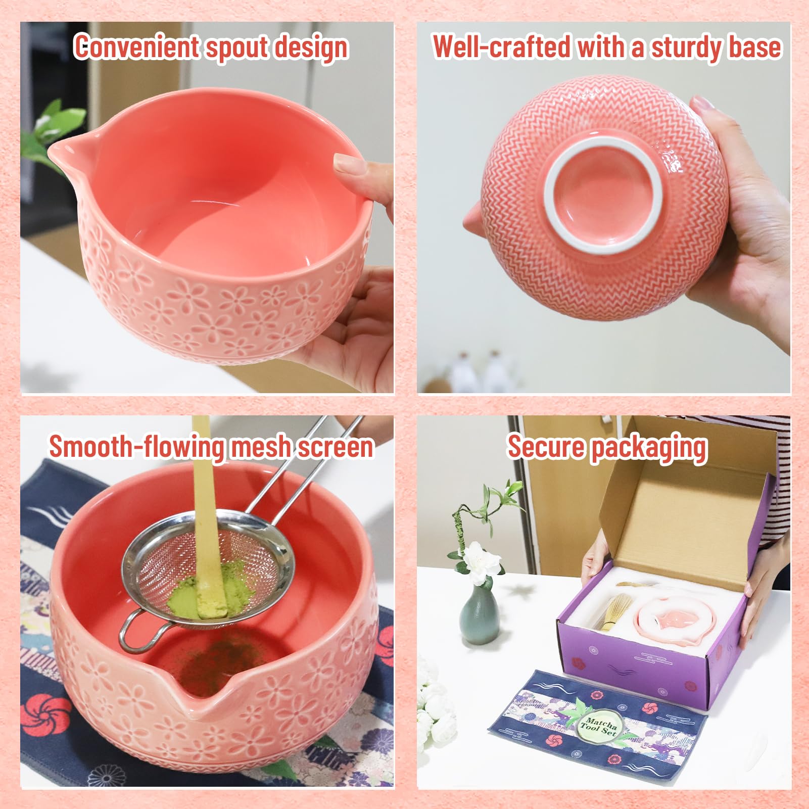 Kit Te Matcha de Cerámica 7 Piezas, Matcha Set con Cuenco de Matcha, Cuchara, Colador, Batidor, Portacucharasy Soporte para la Batidora, Kit Matcha Completo, Regalo para Navidad y Cumpleaños