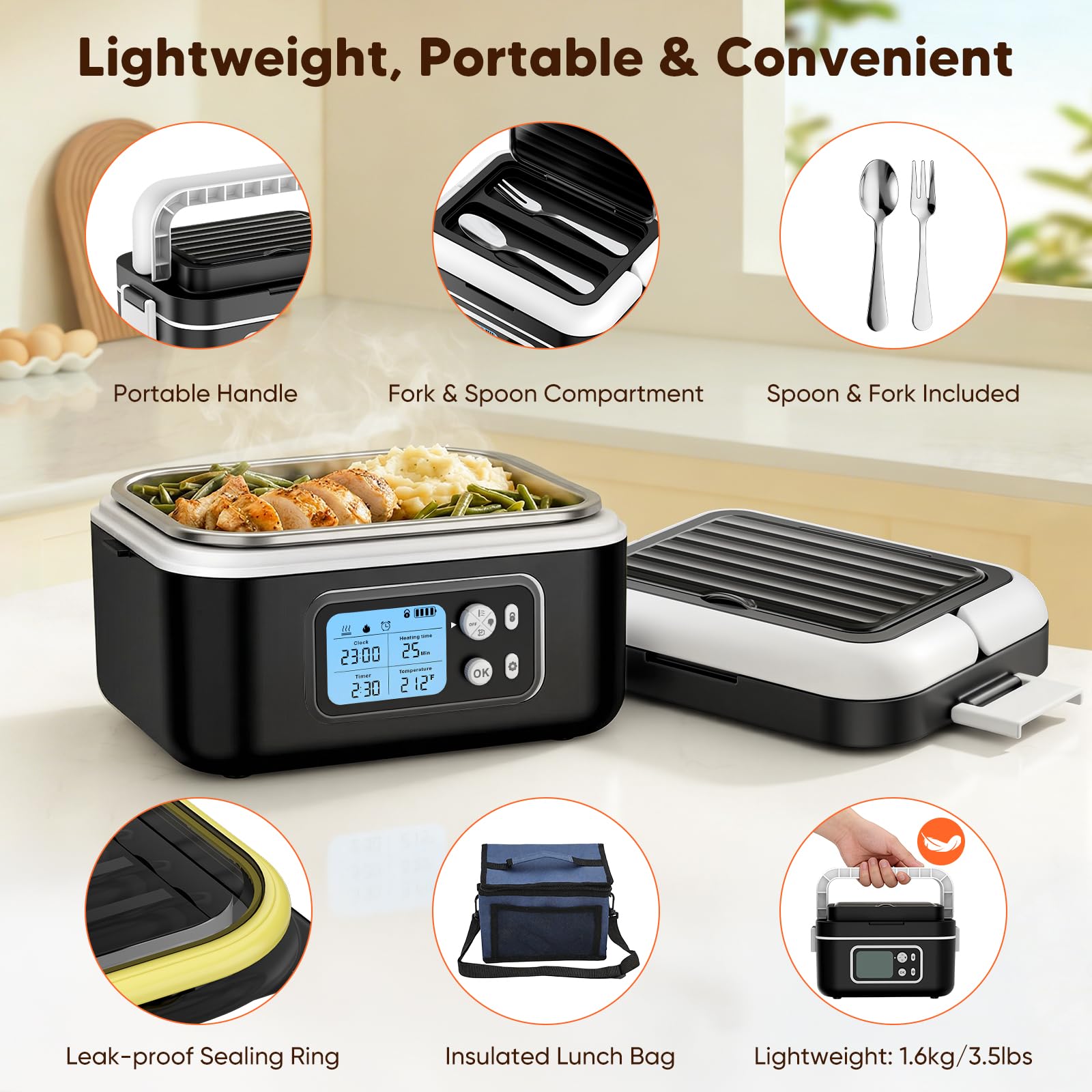 Lunch Box Riscaldato, Lunch Box Riscaldato Intelligente da 1.5L con Touchscreen, Scaldavivande Elettrico Wireless con Piatti in Acciaio Inox e Borsa Termica, Ideale per l'Ufficio/Viaggi/Campeggio