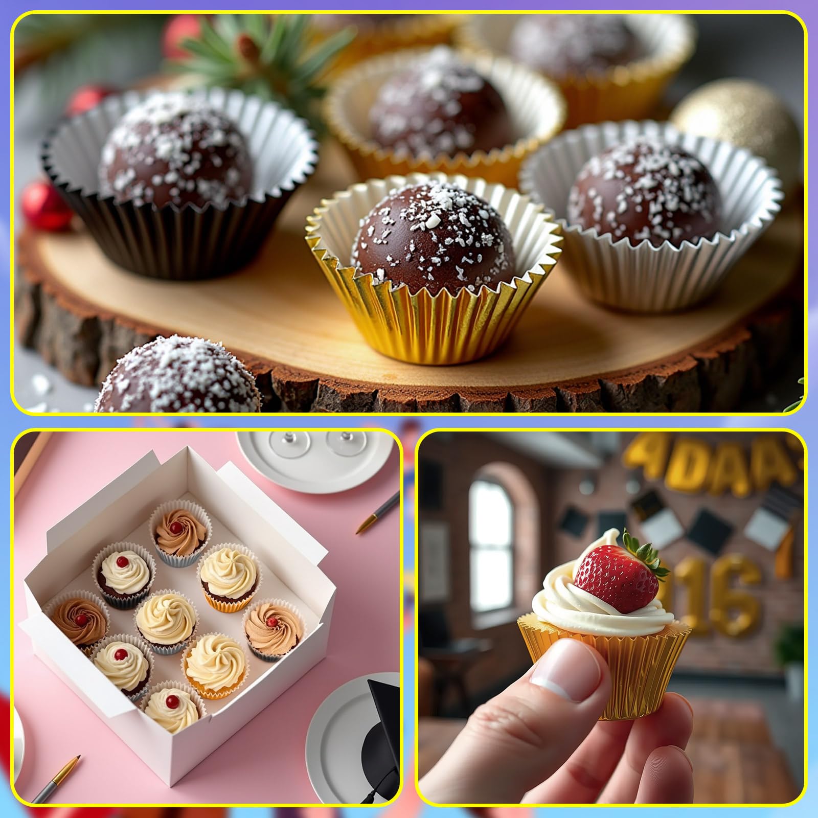 AUGSUN 400 mini forros de aluminio para cupcakes de graduación, dorados, plateados, negros, para hornear, mini magdalenas, envoltorios metálicos para graduación, Año Nuevo, fiesta, pasteles, dulces,