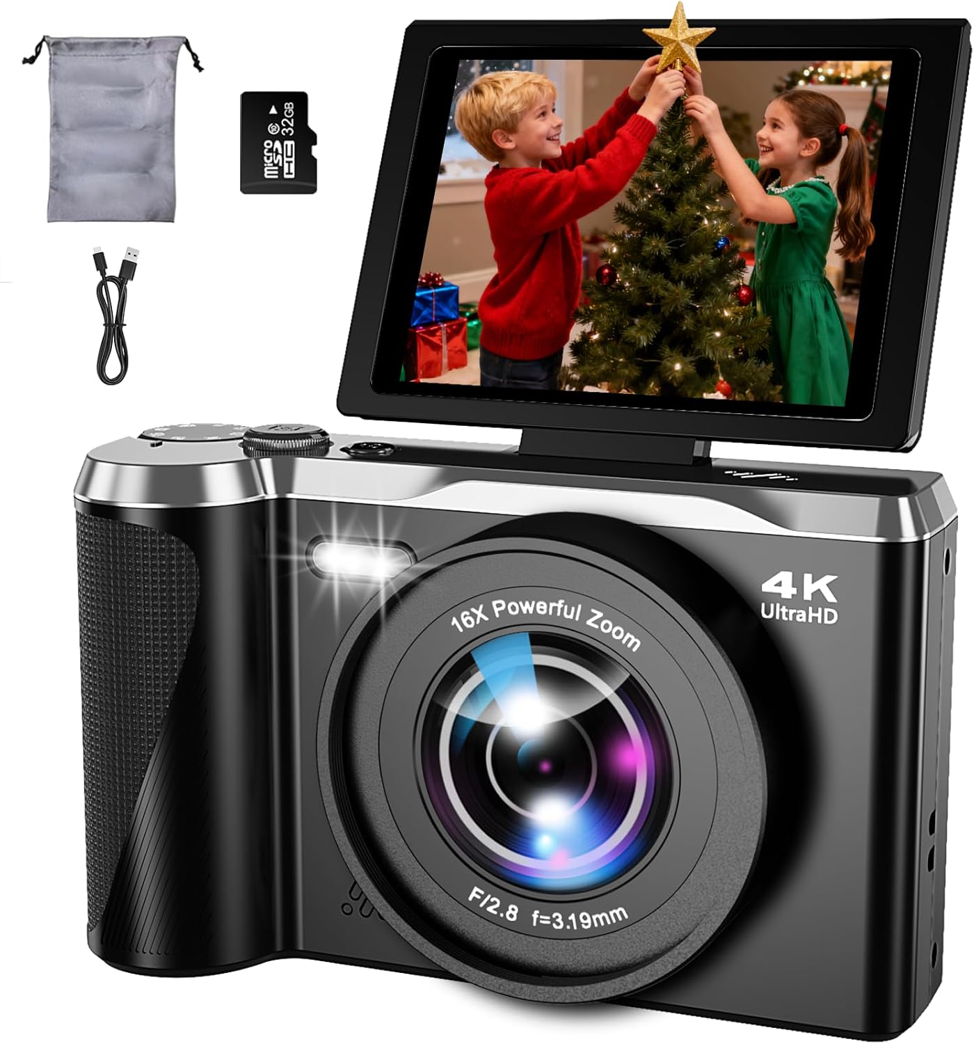 4K Digital Camera for Photography and Video, 56MP Autofocus Vlogging Camera for YouTube, 3" 180° Flip Screen & 16X Digital Zoom, Compact Travel Cameras with 32GB SD Card for Beginners & Adults Black
