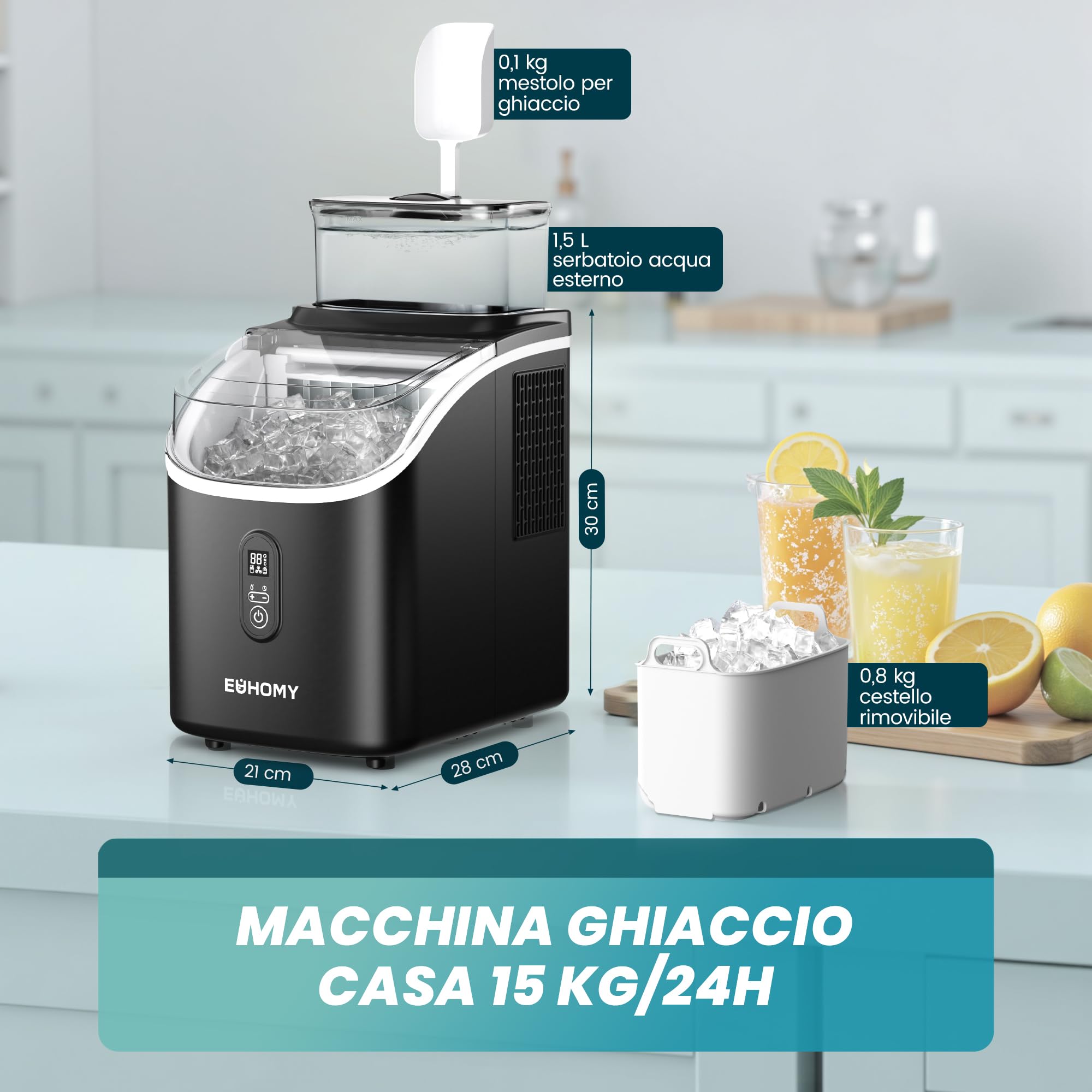 EUHOMY Macchina del Ghiaccio Casa: 15 KG/24H, 16 Cubetti in 13 Minuti Macchina per il Ghiaccio Autopulente, 1,5L con Paletta/Cestello, per Cucina/Ufficio, Nero