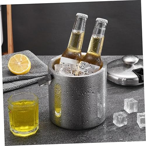 Miniatura 7 de Hemoton Cubo de hielo de acero inoxidable con pinzas de tapa y colador, barril de hielo de doble pared de 1.3 L, cubo de hielo aislado, soporte para