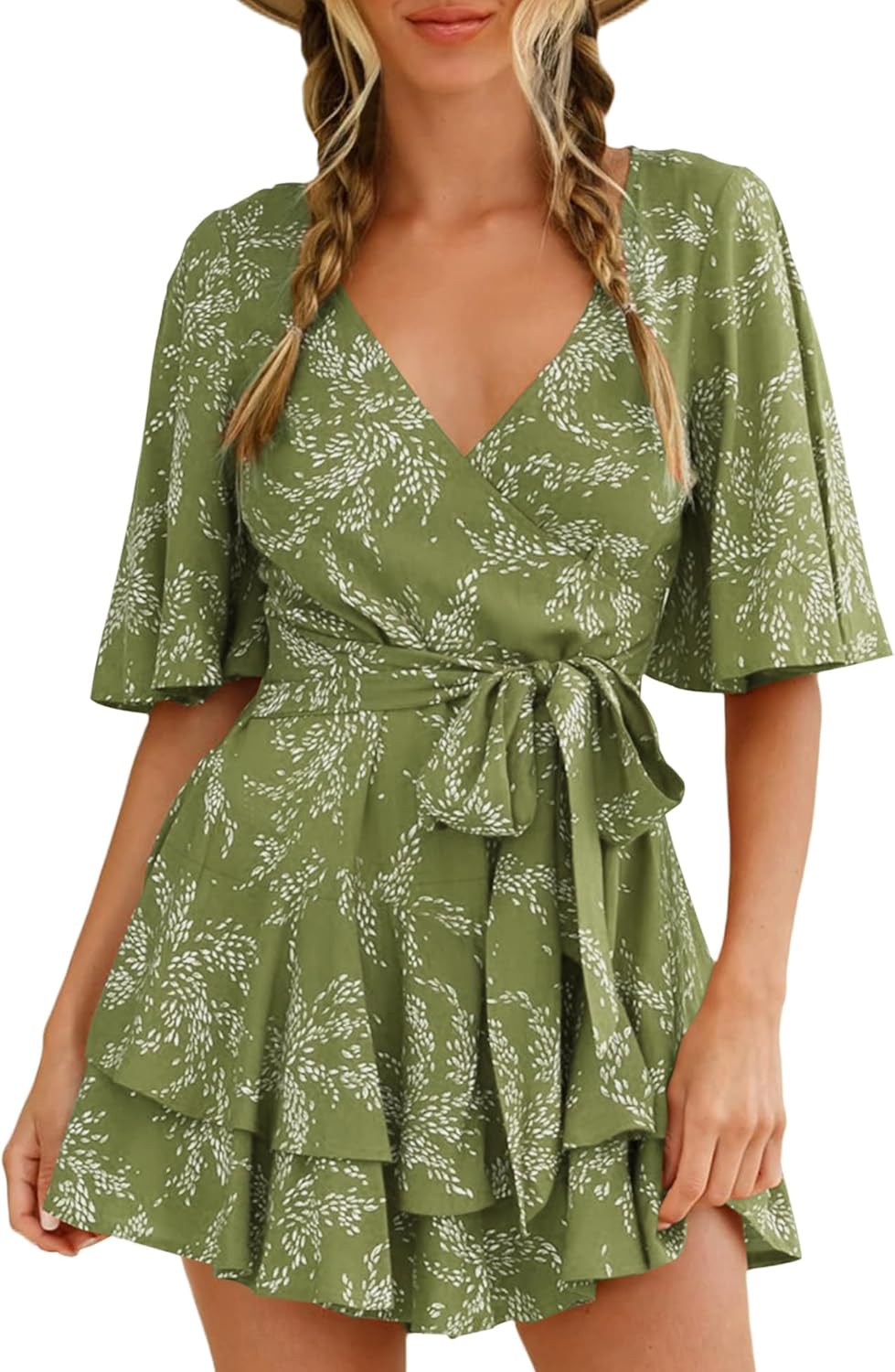 Bonkwa Women's Casual Rompers Floral Print Mid Sleeves Waist Tie Romper Ruffle Hem Deep V-Neck Short Jumpsuits for Summer - Image 3