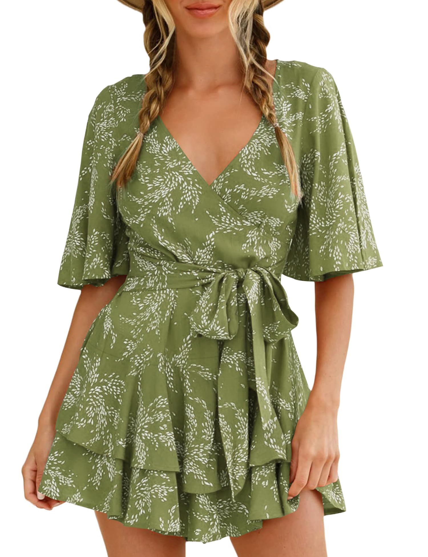 Relipop Women’s Summer Romper Floral V Neck Short Sleeve Waist Tie Ruffle Hem Vacation Outfits 2026 Casual One Piece Jumpsuit