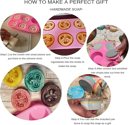 Miniatura 7 de Kit de molde exfoliante para lufa y jabón, esponjas naturales de lufa 4 paquetes con bandeja redonda de silicona para hacer moldes de jabón, 6