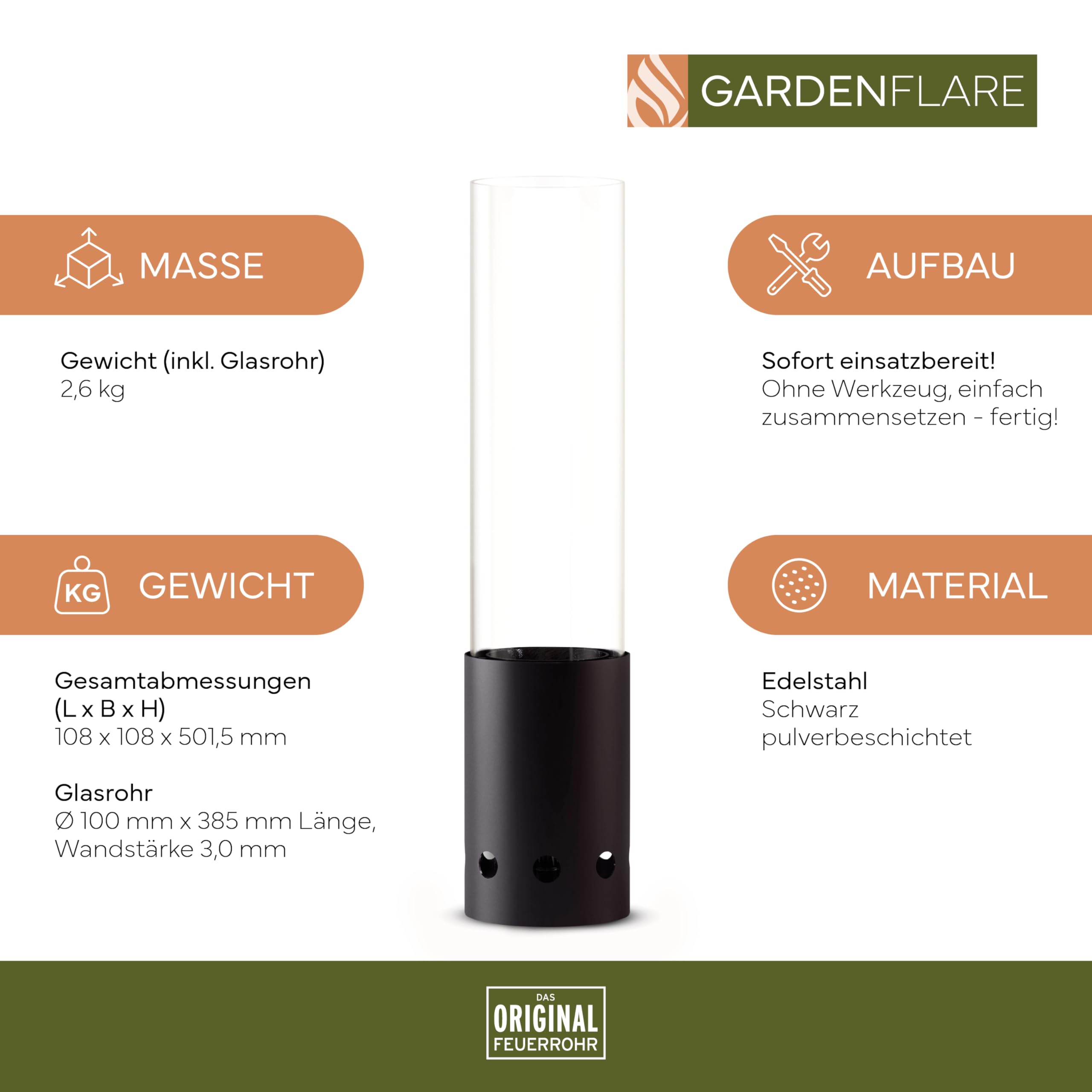 GARDENFLARE Tischkamin Outdoor – Rauchfreies Edelstahl Tischfeuer und Feuerrohr für Balkon & Terrasse – Hochwertige Gartendeko, Windlicht mit Holzpellet Betrieb (Schwarz)